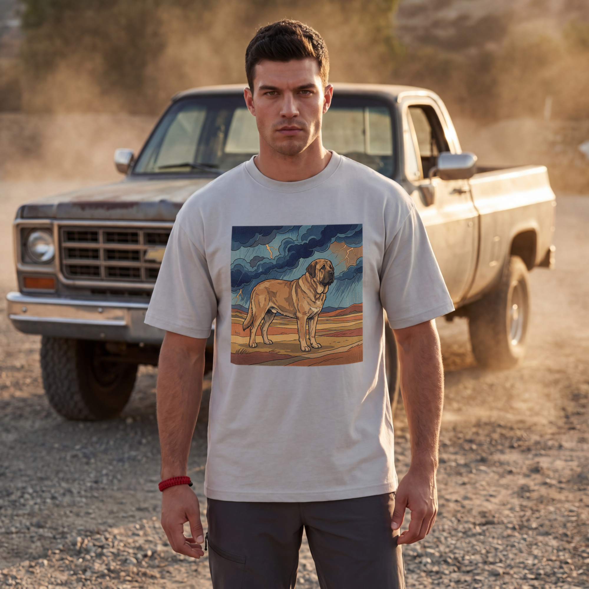 Woodblock Print Spanish Mastiff T-Shirt — Desert Storm Lightning Art Print