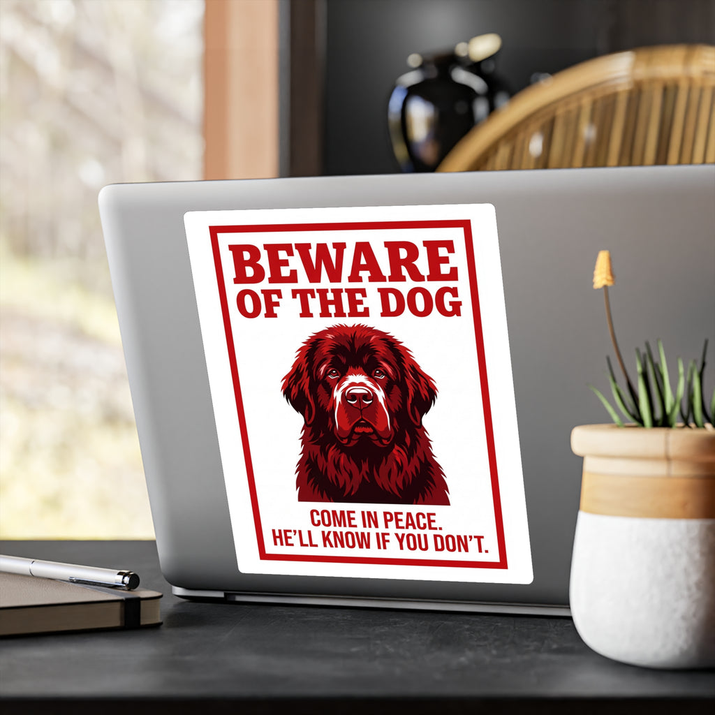 Beware of Newfoundland Sign – Red & Dark Portrait Outdoor Vinyl Decal – alternate view