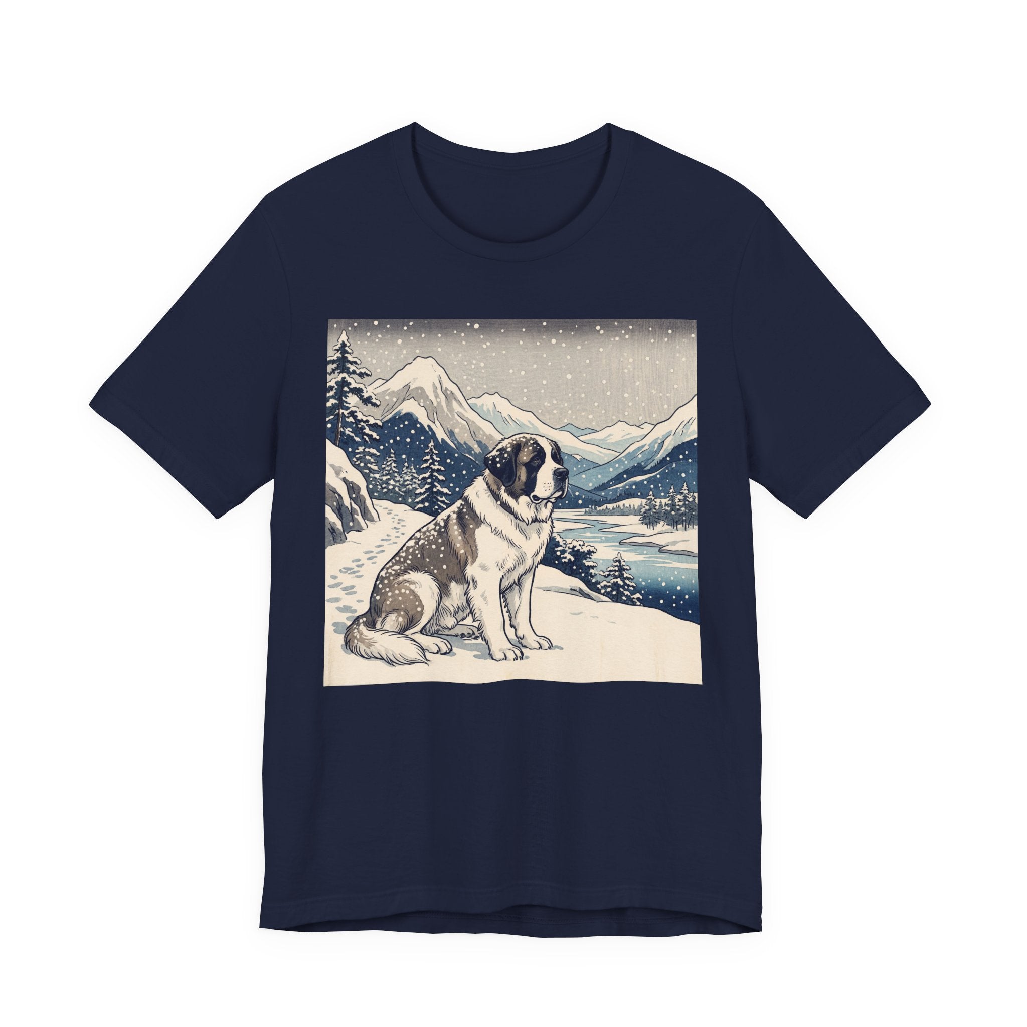 Hiroshige Style Saint Bernard T-Shirt — Snowy Mountain Blue Art Print