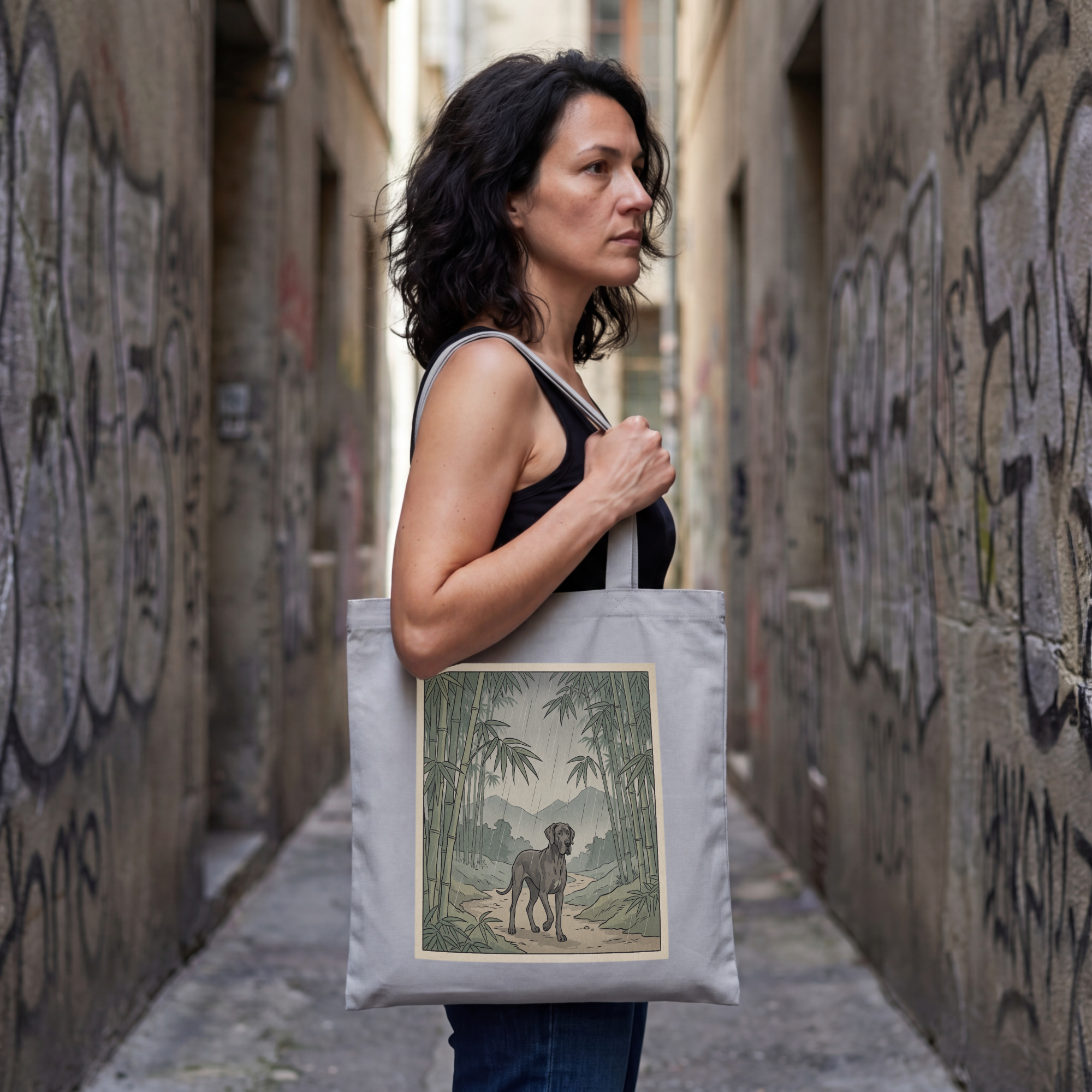 Hiroshige-Style Great Dane Tote Bag – Bamboo Rain Art Print