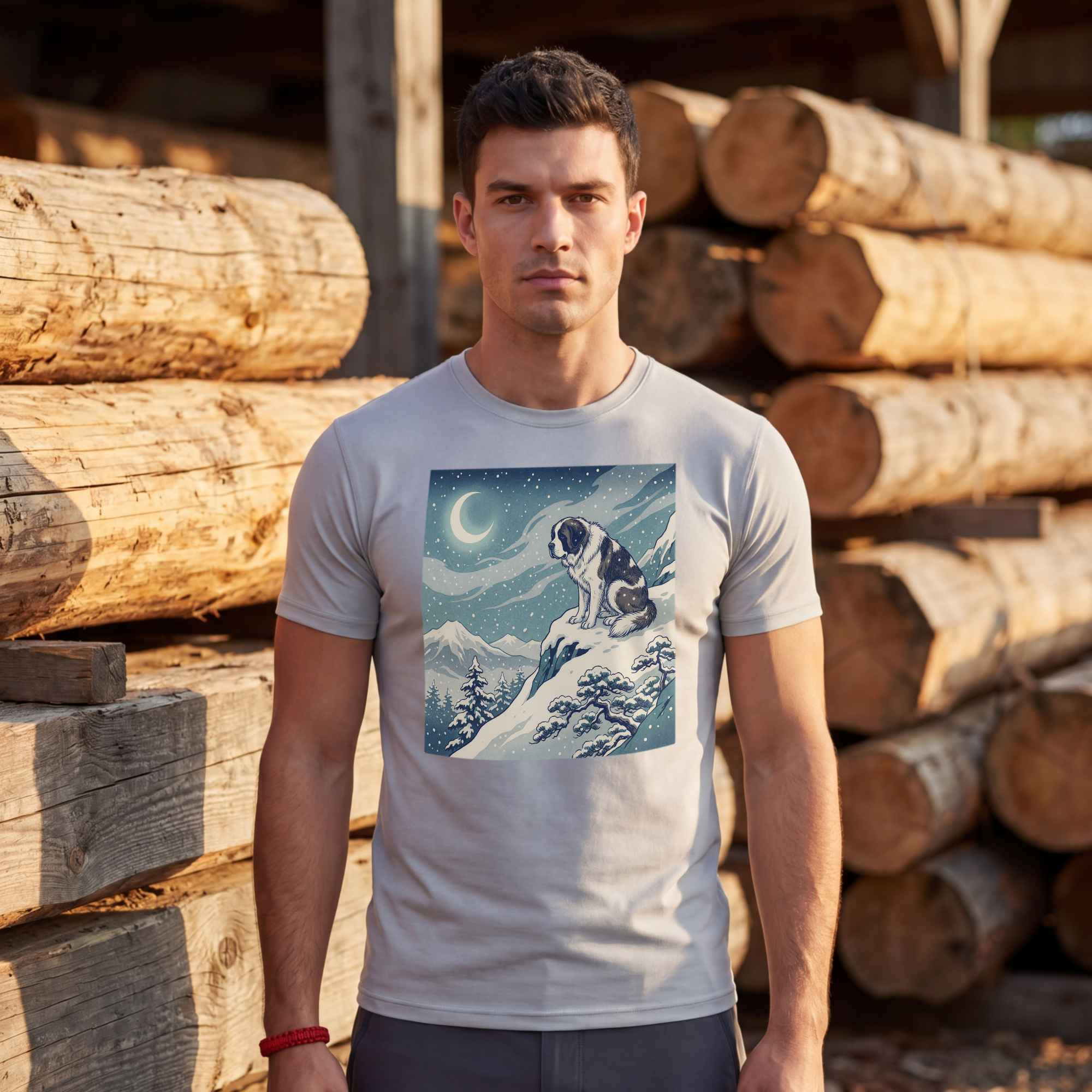 Hiroshige Style Saint Bernard T-Shirt — Snowy Moonlit Summit Art Print