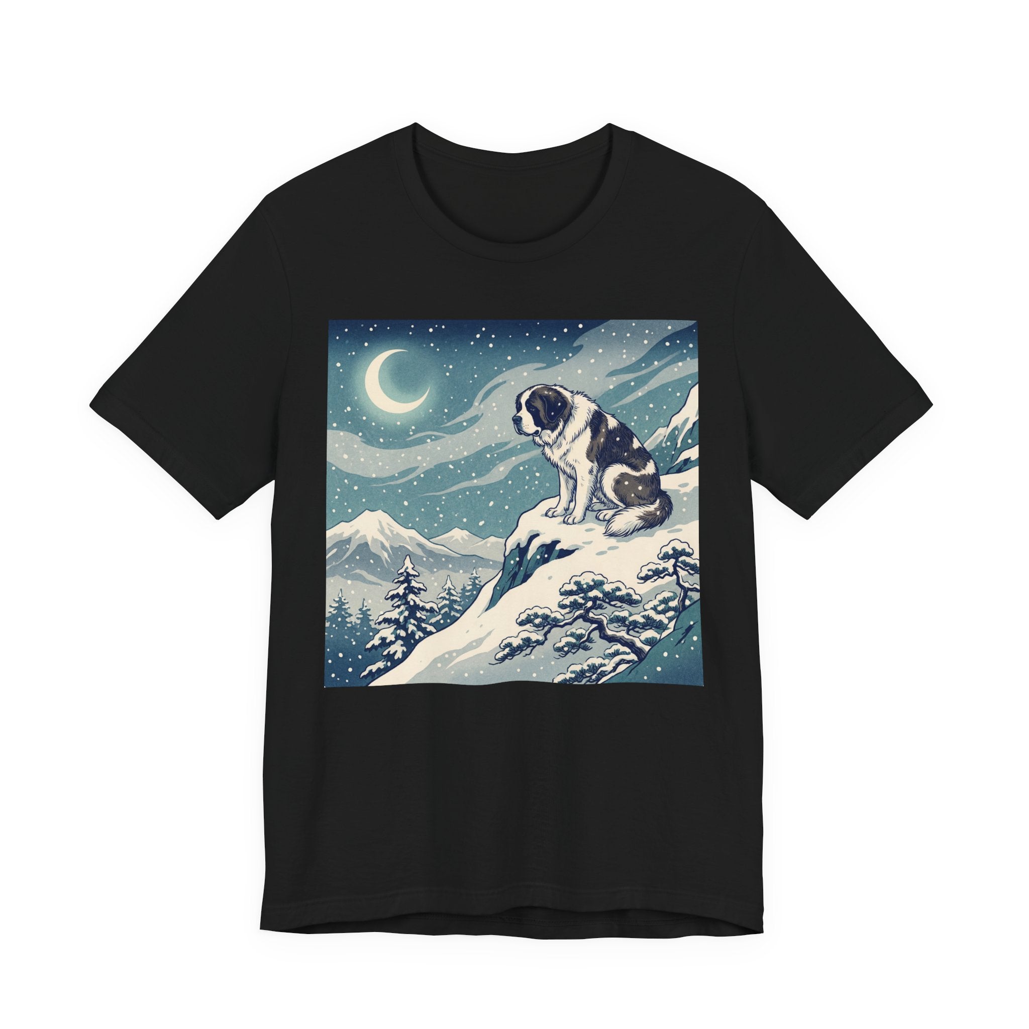 Hiroshige Style Saint Bernard T-Shirt — Snowy Moonlit Summit Art Print