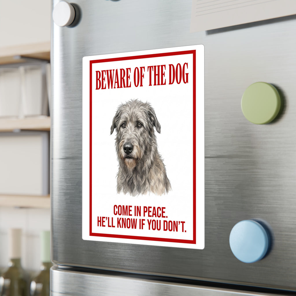 Beware of Irish Wolfhound Sign – Red Border Portrait Outdoor Vinyl Decal – lifestyle view