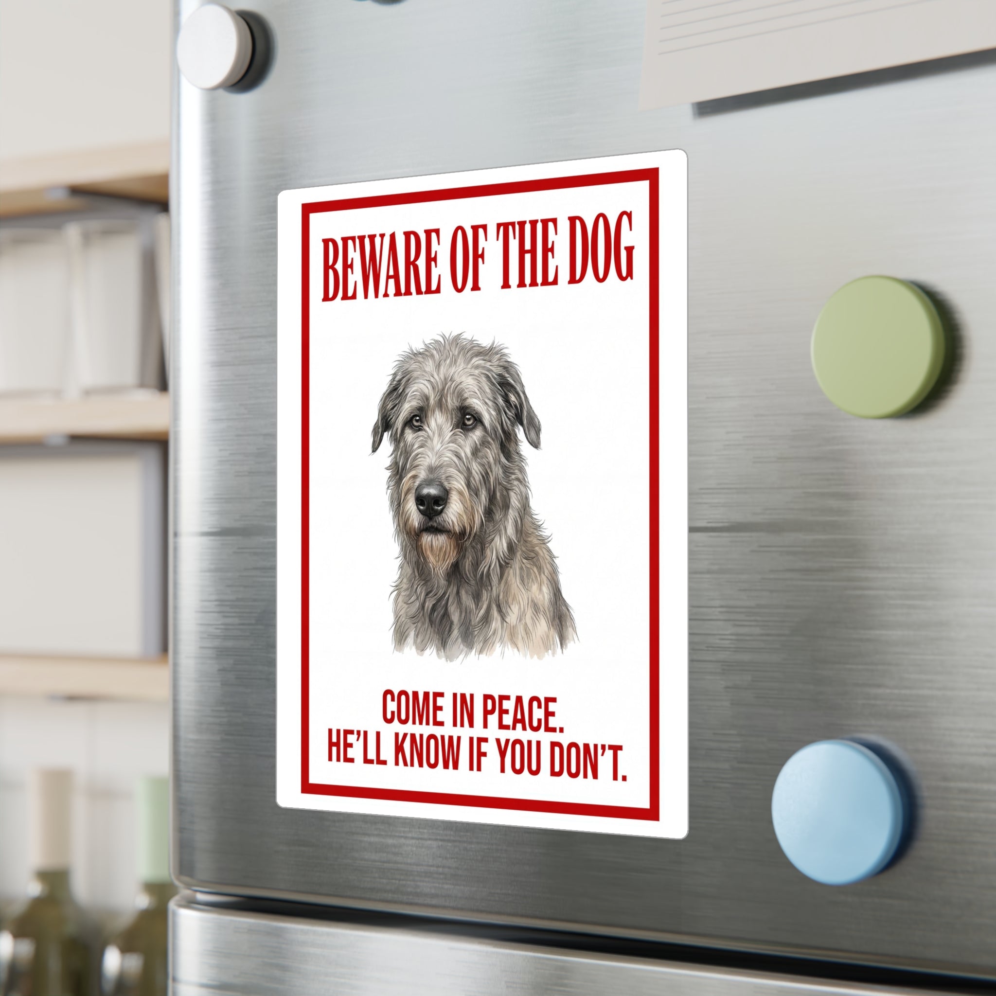 Beware of Irish Wolfhound Sign – Red Border Portrait Outdoor Vinyl Decal – lifestyle view