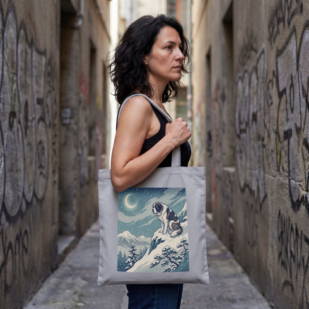 Hiroshige-Style Saint Bernard Tote Bag – Crescent Moon Snow Art Print