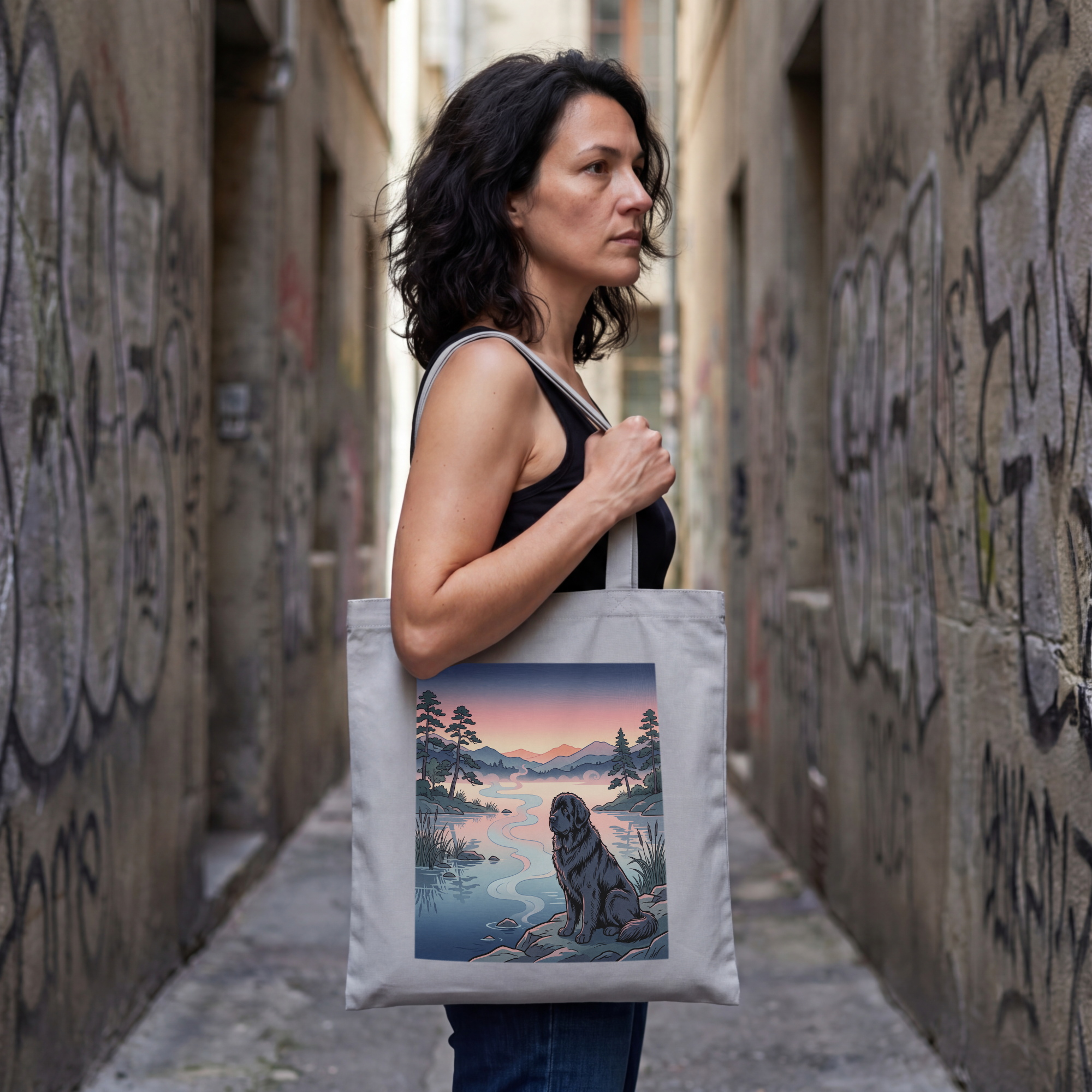 Hiroshige-Style Newfoundland Tote Bag – Dusk Lake Mist Art Print