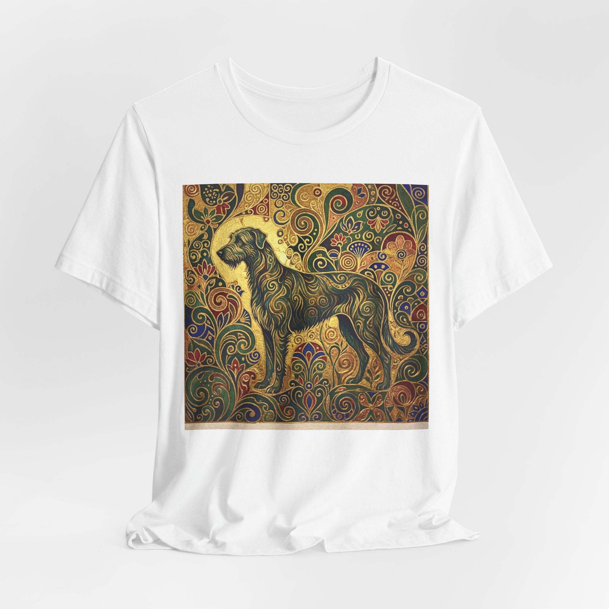 Klimt Style Irish Wolfhound T-Shirt — Gold Swirl Ornamental Art Print