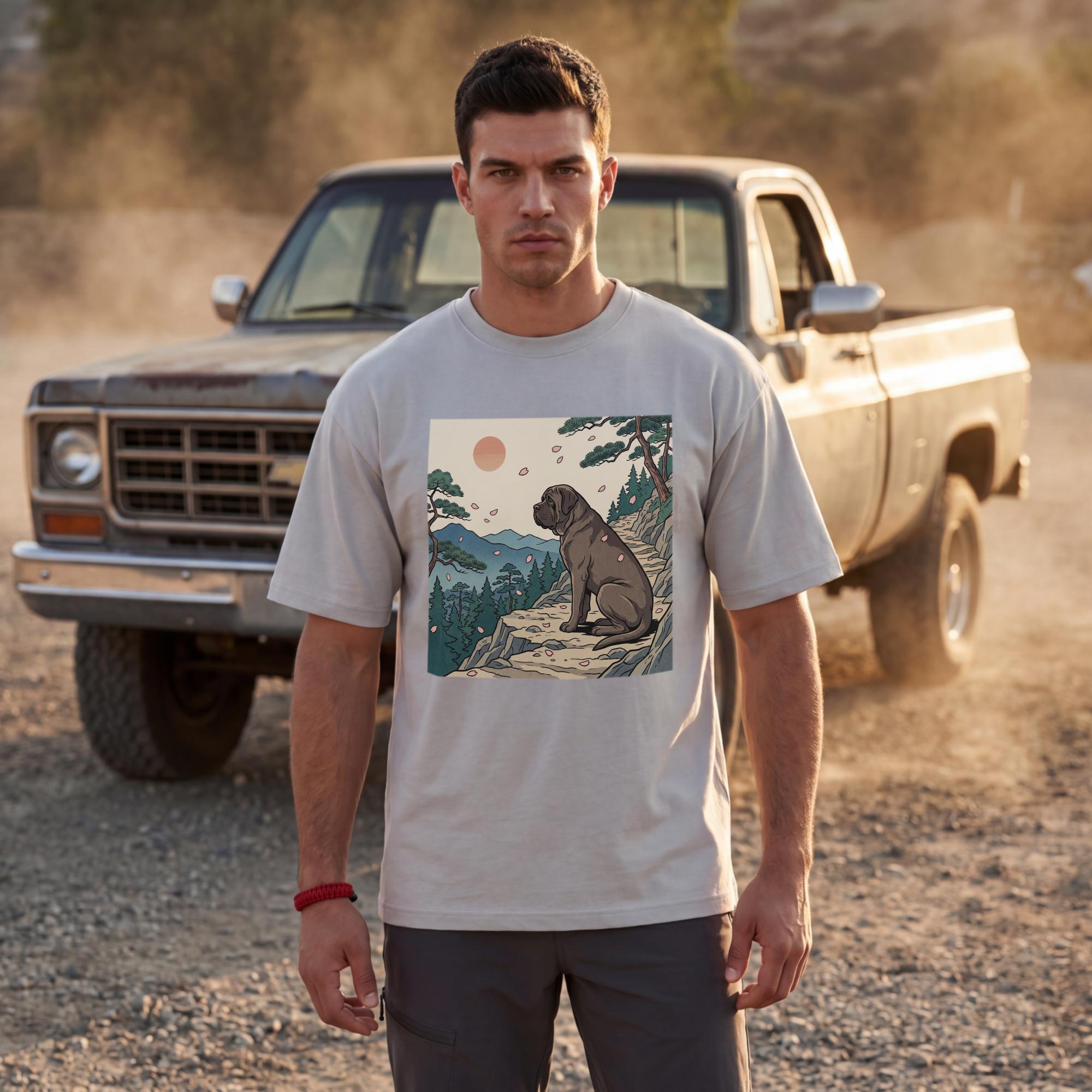 Hiroshige Style Mastiff T-Shirt — Cherry Blossom Mountain Art Print