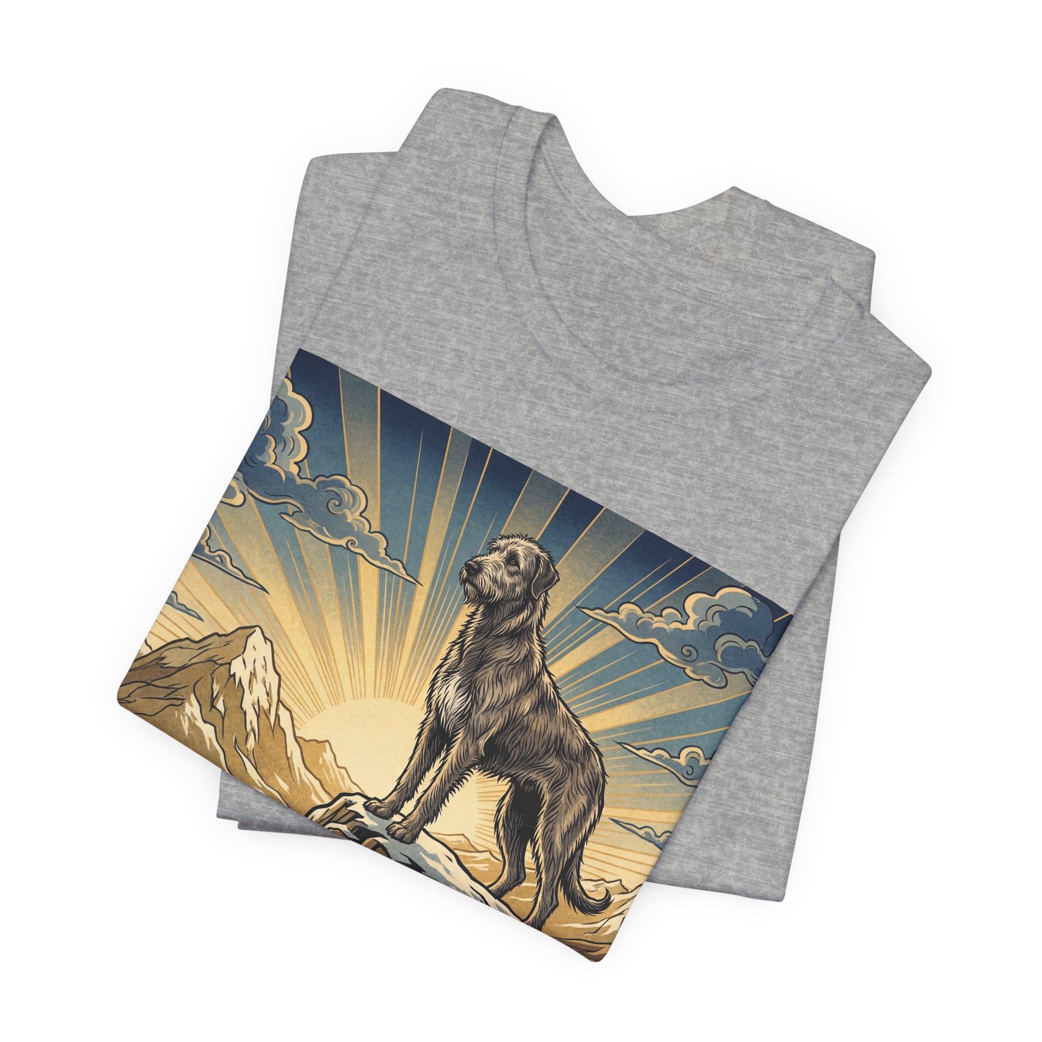 Woodcut Irish Wolfhound T-Shirt — Mountain Sunrise Rays Art Print
