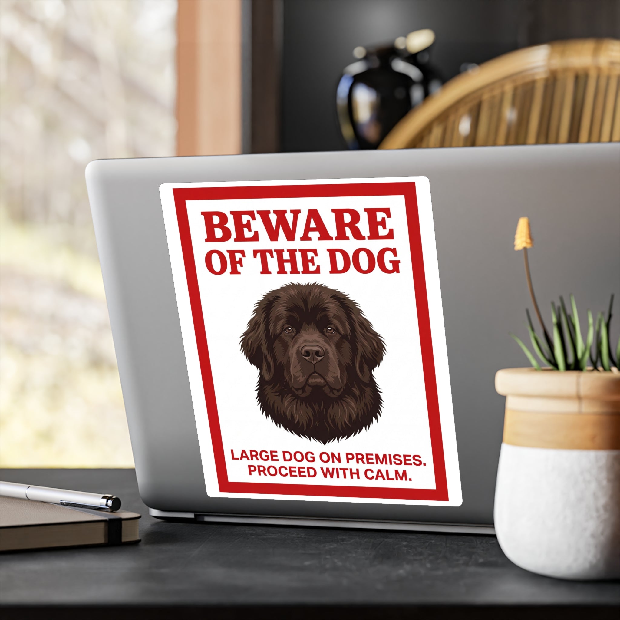 Beware of Newfoundland Sign – Dark Chocolate Portrait Outdoor Vinyl Decal – alternate view