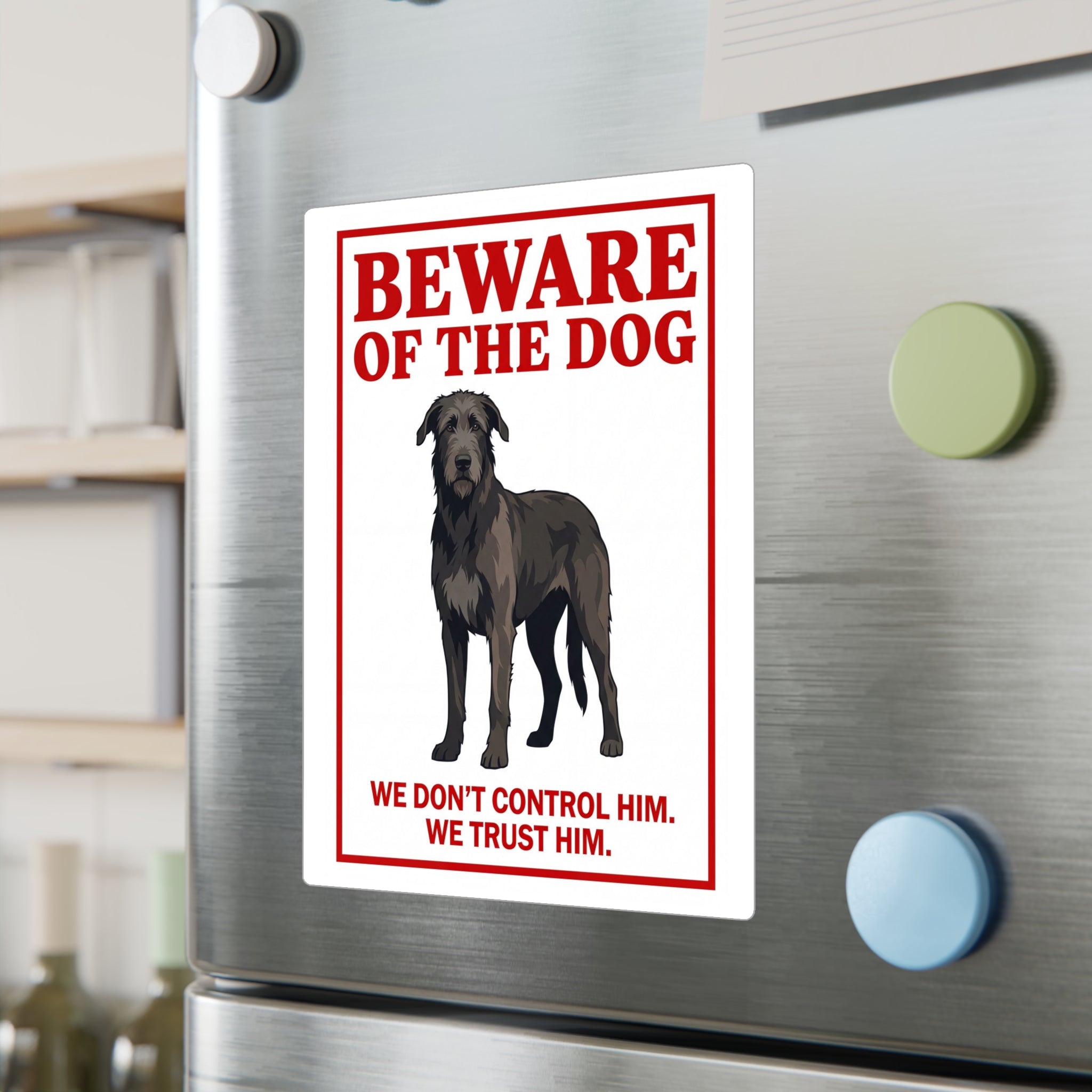 Beware of Irish Wolfhound Sign – Red Block Letter Outdoor Vinyl Decal – lifestyle view