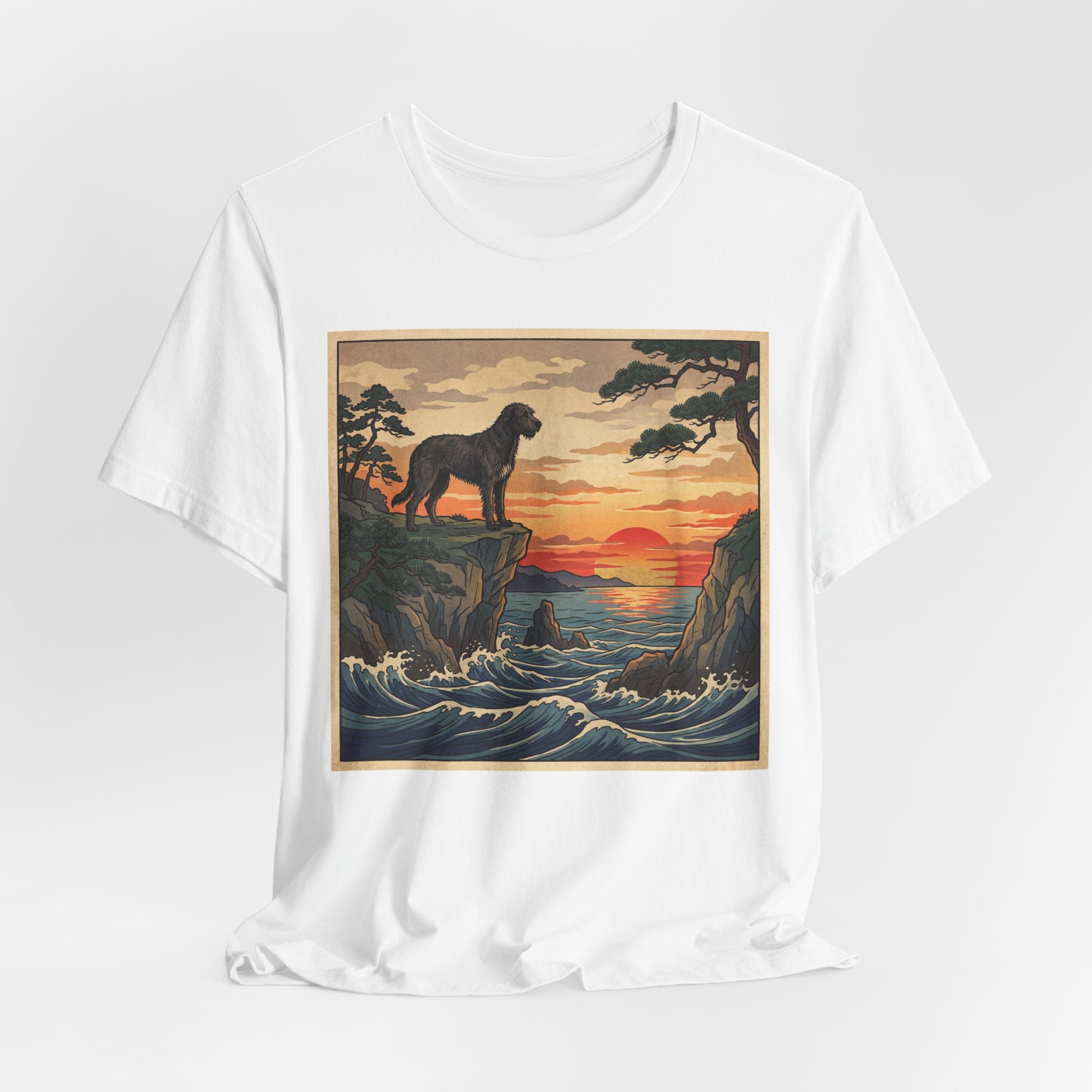 Ukiyo-e Irish Wolfhound T-Shirt — Coastal Sunset Cliffs Art Print