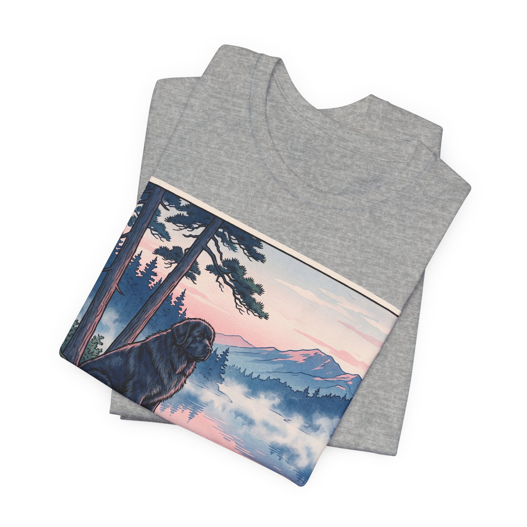 Hiroshige Style Newfoundland T-Shirt — Misty Lake Dawn Art Print