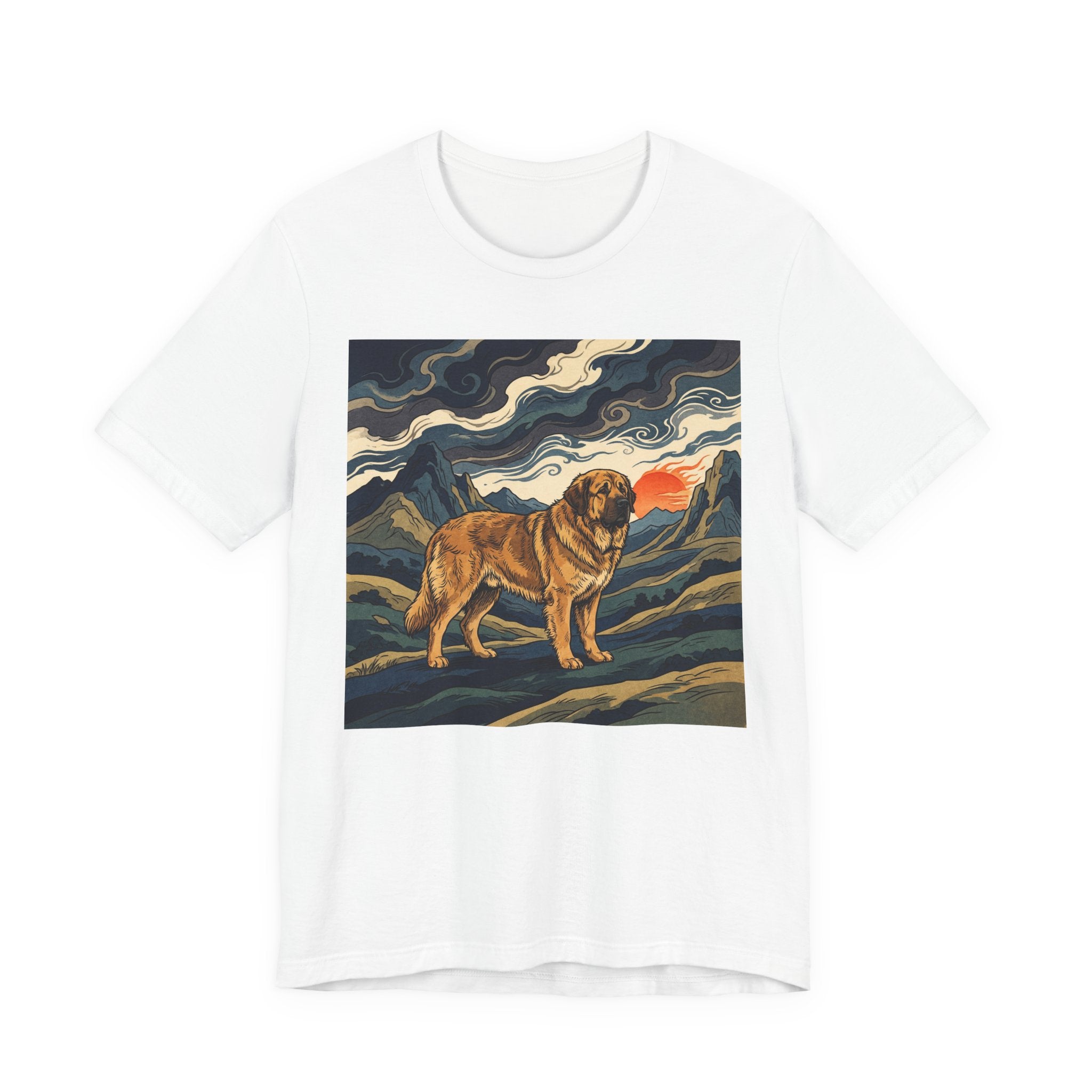 Woodblock Print Spanish Mastiff T-Shirt — Mountain Sunset Swirls Art Print