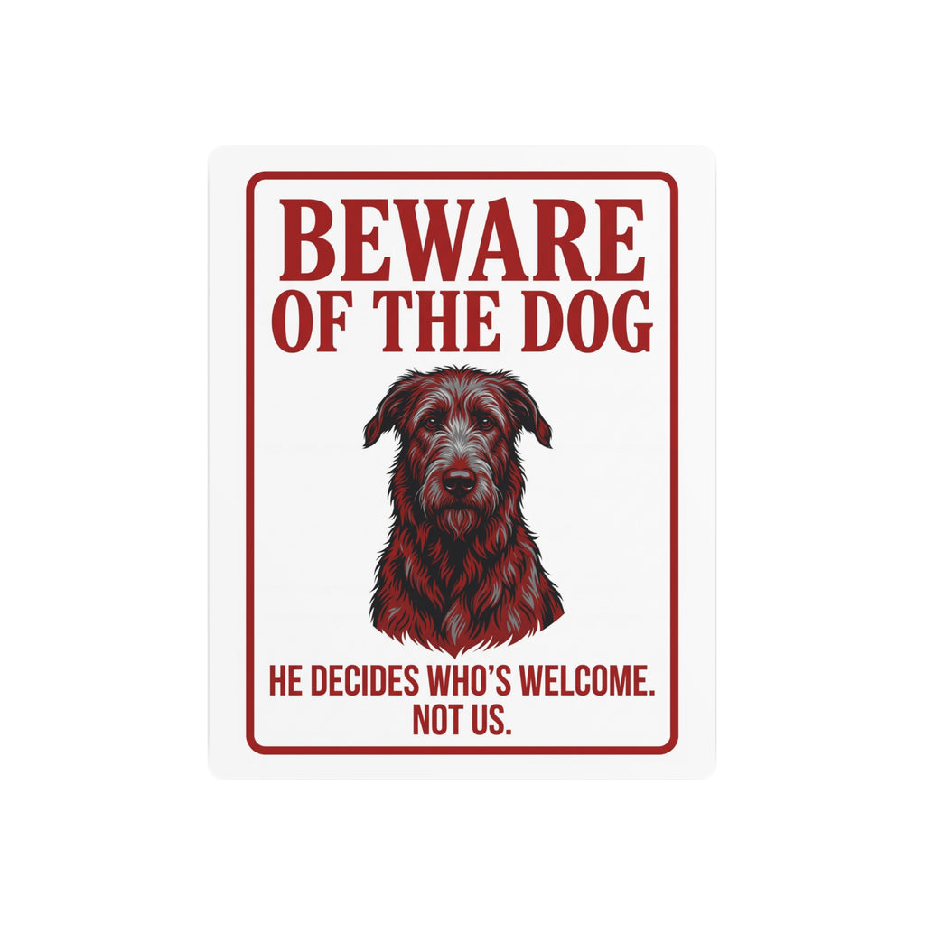 Beware of Irish Wolfhound Metal Sign – Red Portrait Aluminum Wall Sign