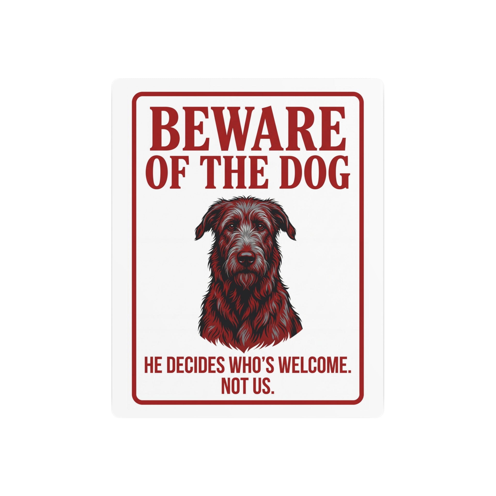 Beware of Irish Wolfhound Metal Sign – Red Portrait Aluminum Wall Sign