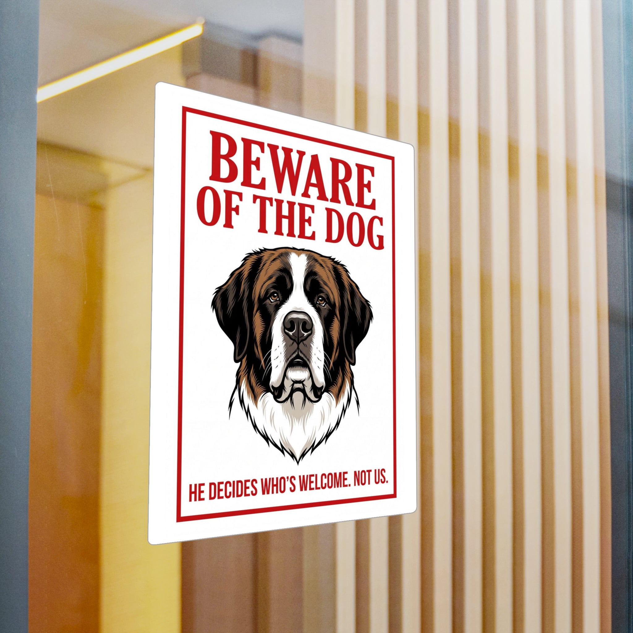 Beware of Saint Bernard Sign – Bold Red Warning Outdoor Vinyl Decal – detail view