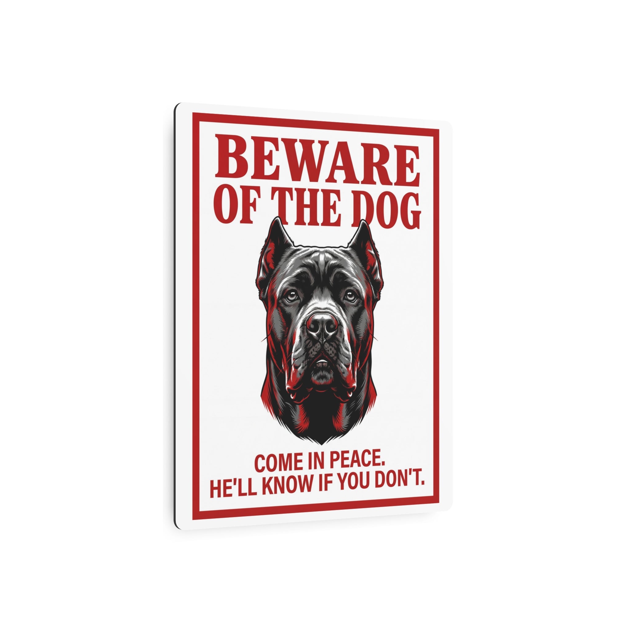 Beware of Cane Corso Metal Sign – Red Black Portrait Aluminum Wall Sign – lifestyle view
