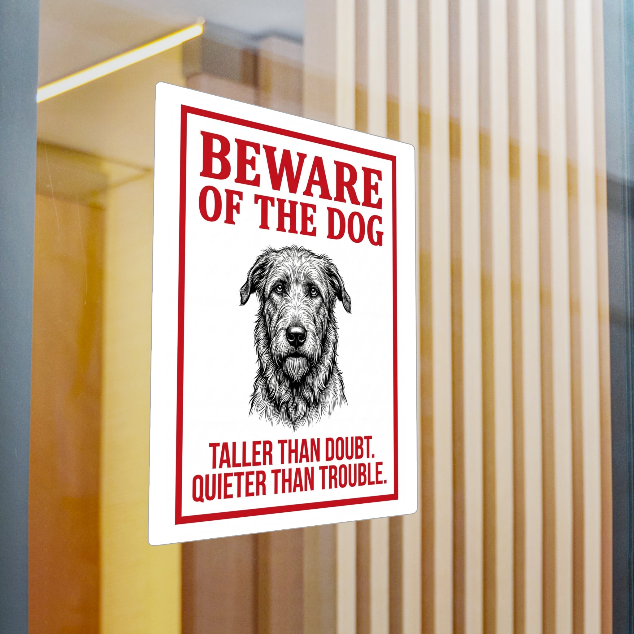 Beware of Irish Wolfhound Sign – Red Block Letter Outdoor Vinyl Decal – detail view