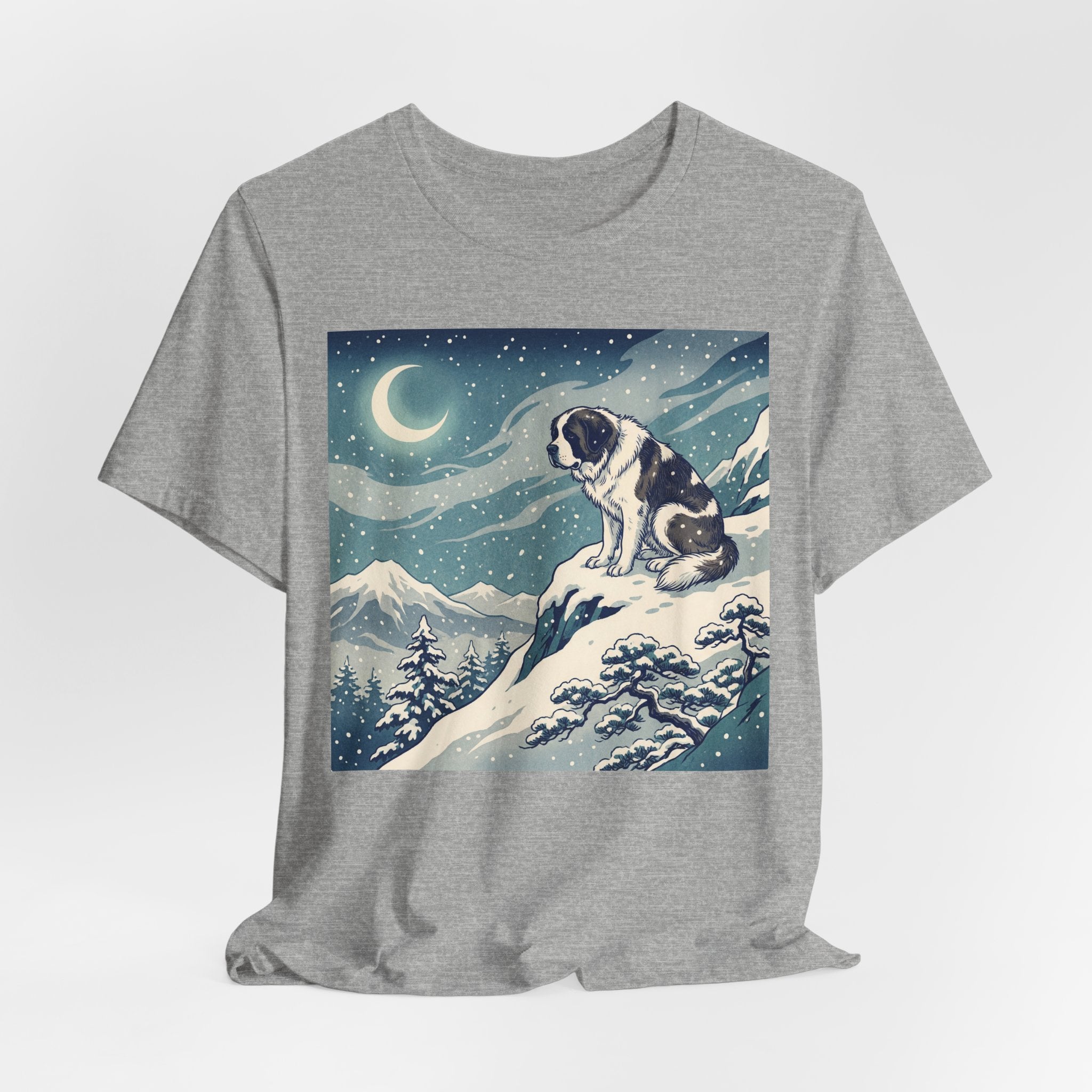 Hiroshige Style Saint Bernard T-Shirt — Snowy Moonlit Summit Art Print