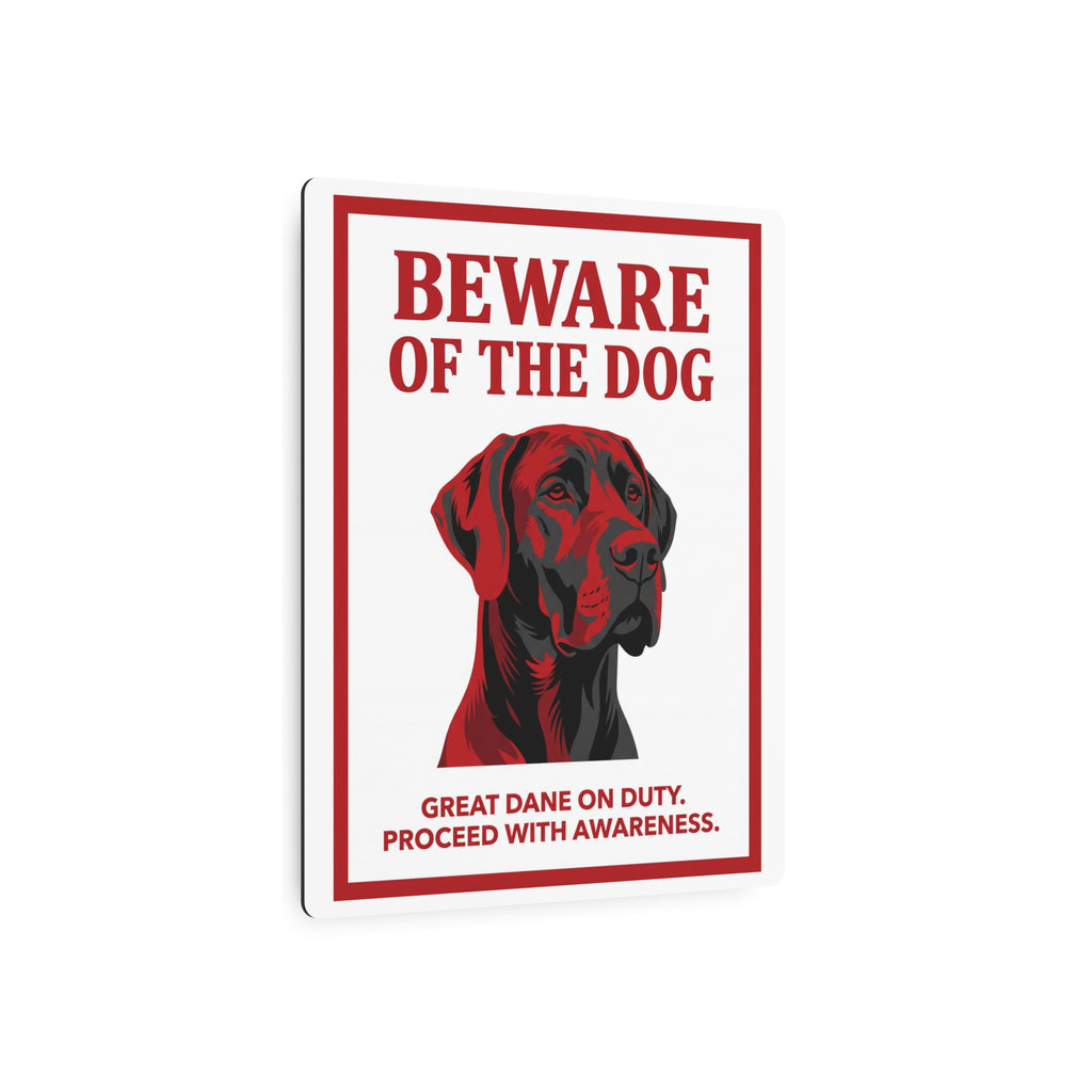 Beware of Great Dane Metal Sign – Red Black Portrait Aluminum Wall Sign – lifestyle view
