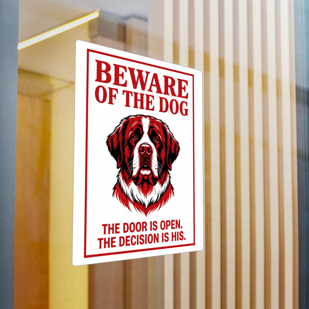 Beware of Saint Bernard Sign – Red & White Portrait Outdoor Vinyl Decal – detail view