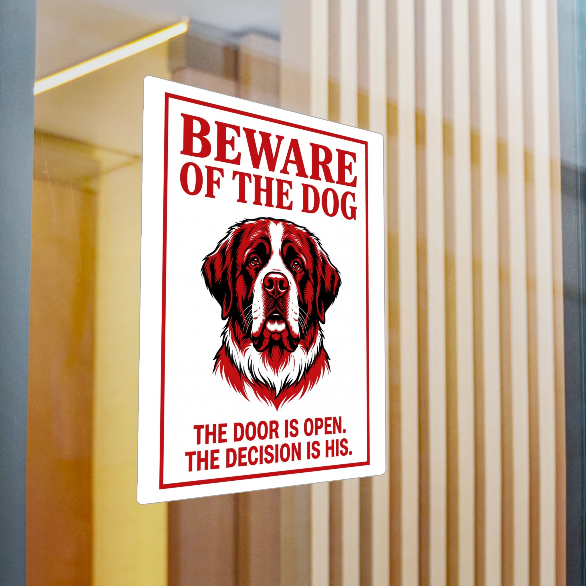 Beware of Saint Bernard Sign – Red & White Portrait Outdoor Vinyl Decal – detail view
