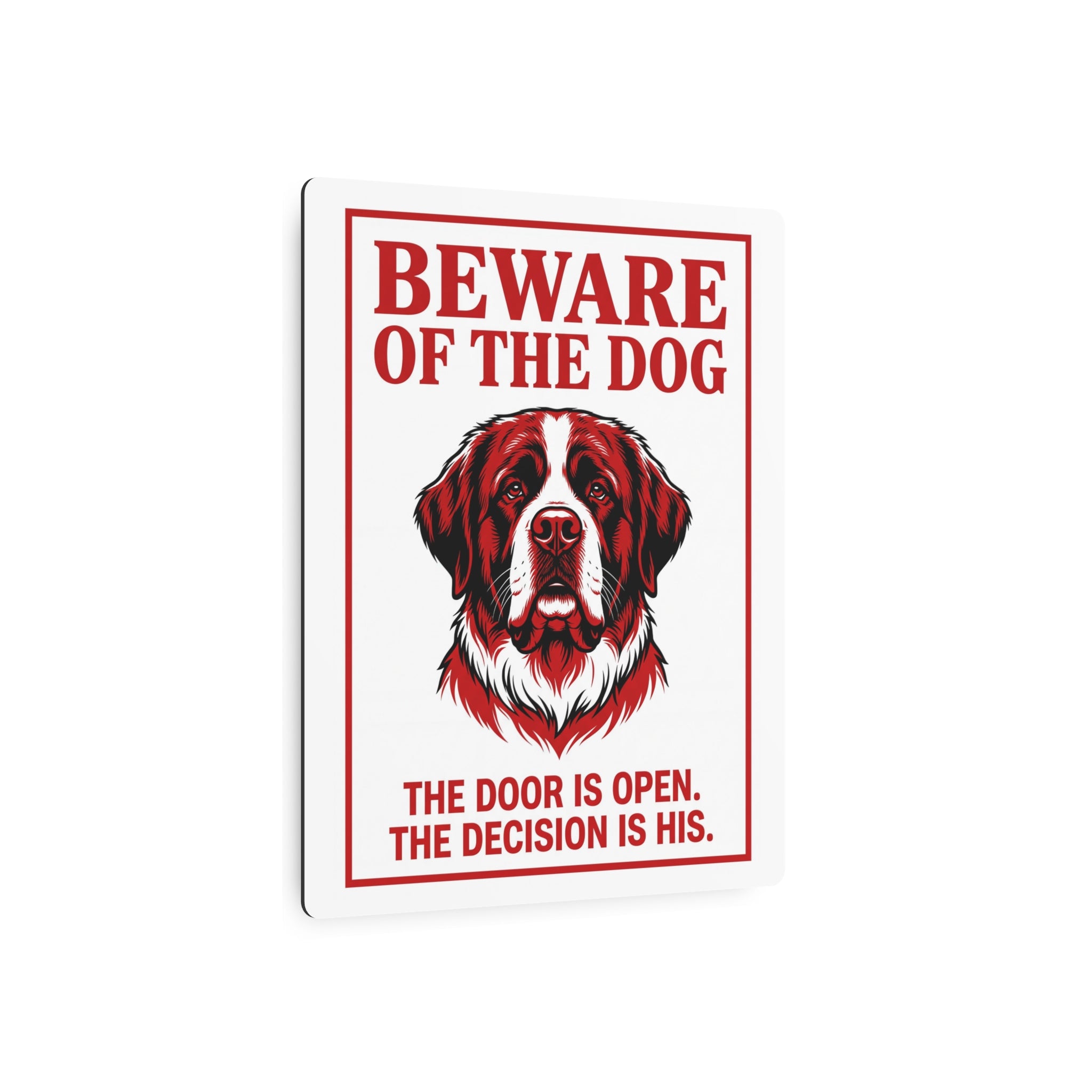 Beware of Saint Bernard Metal Sign – Red Portrait Aluminum Wall Sign – lifestyle view