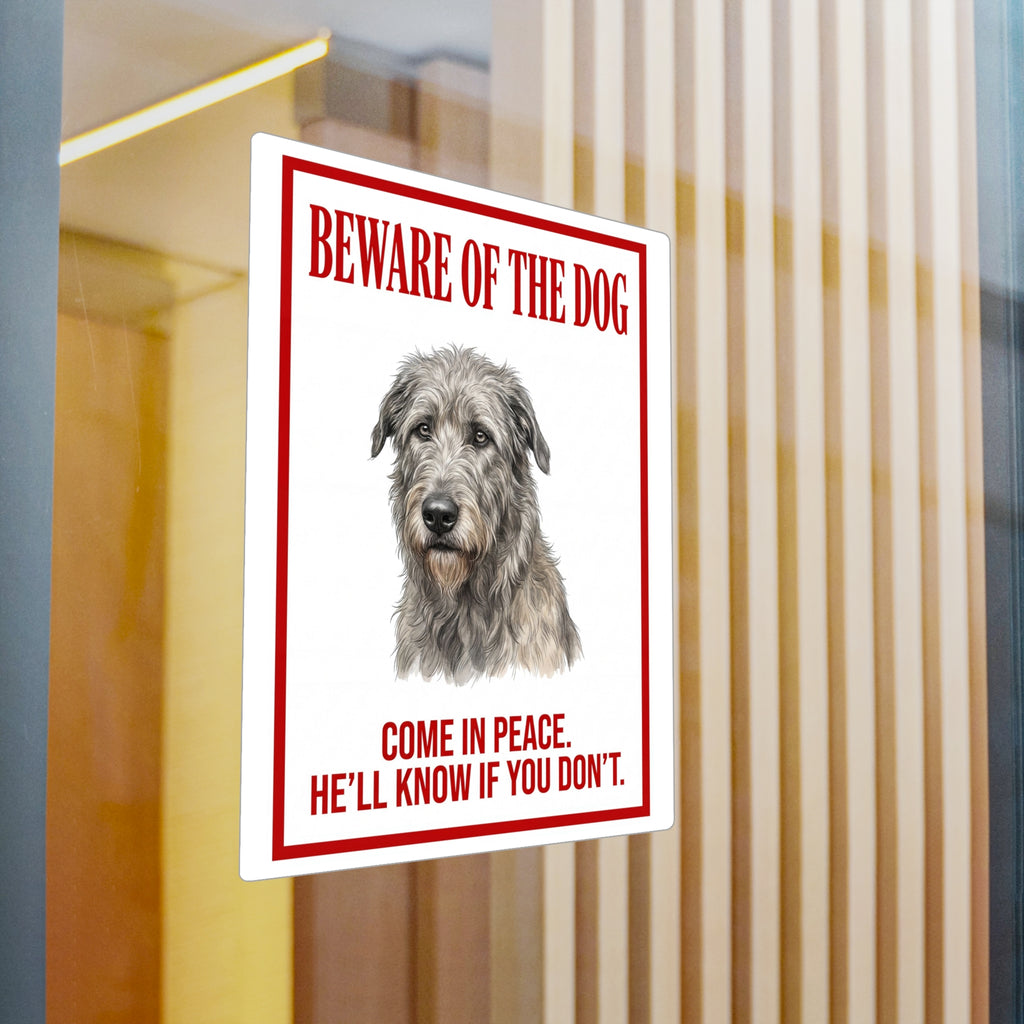 Beware of Irish Wolfhound Sign – Red Border Portrait Outdoor Vinyl Decal – detail view