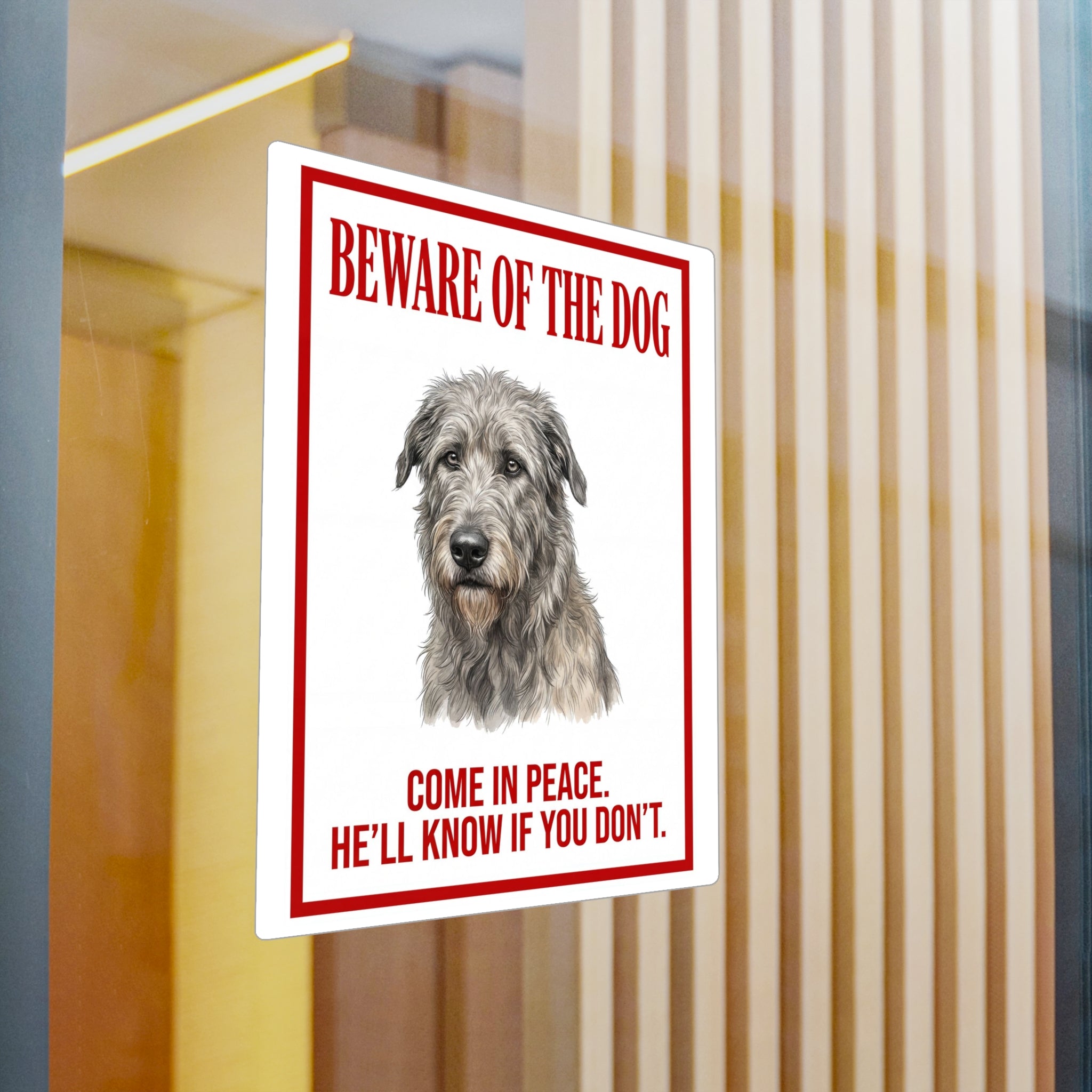 Beware of Irish Wolfhound Sign – Red Border Portrait Outdoor Vinyl Decal – detail view