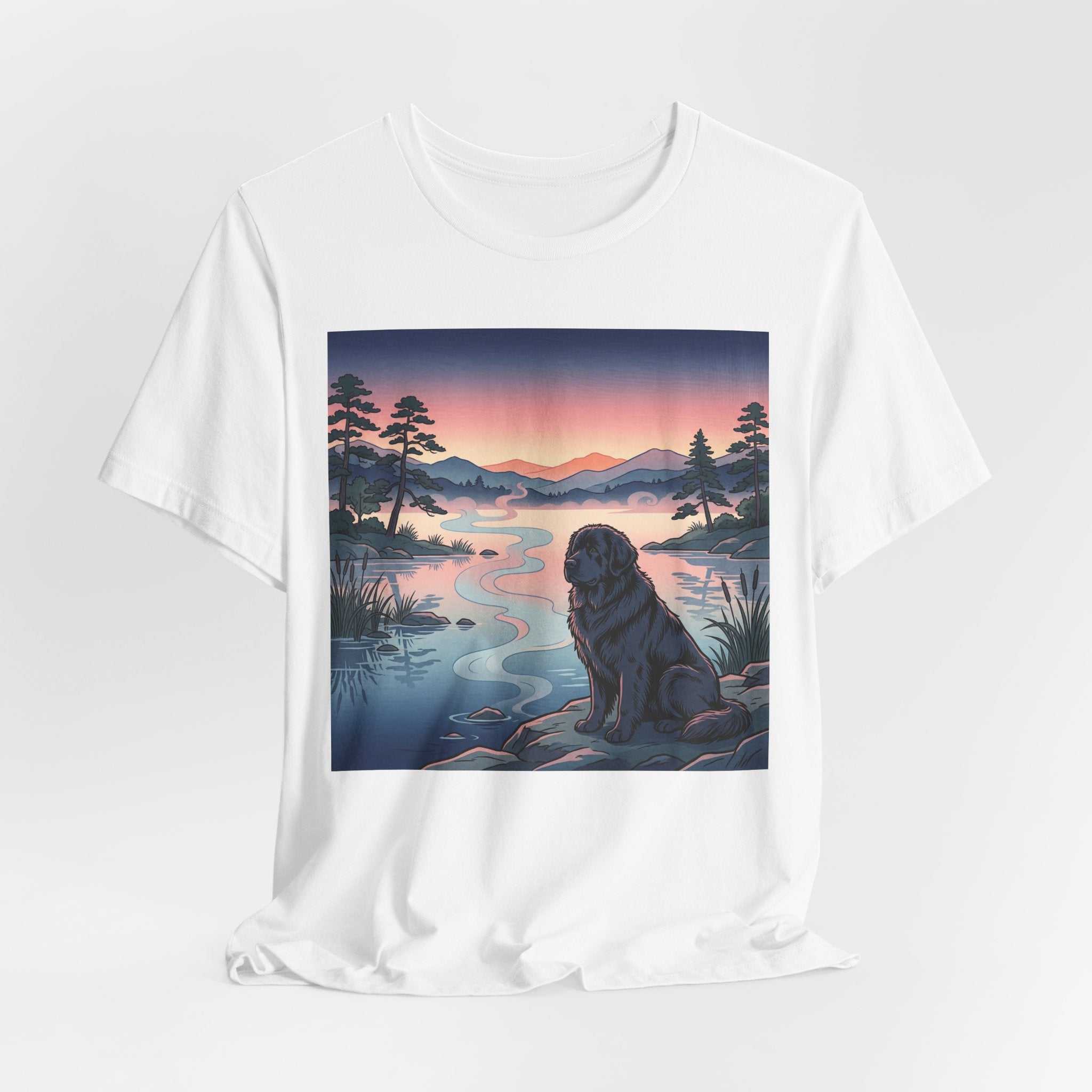 Hiroshige Style Newfoundland T-Shirt — Twilight Lake Mist Art Print