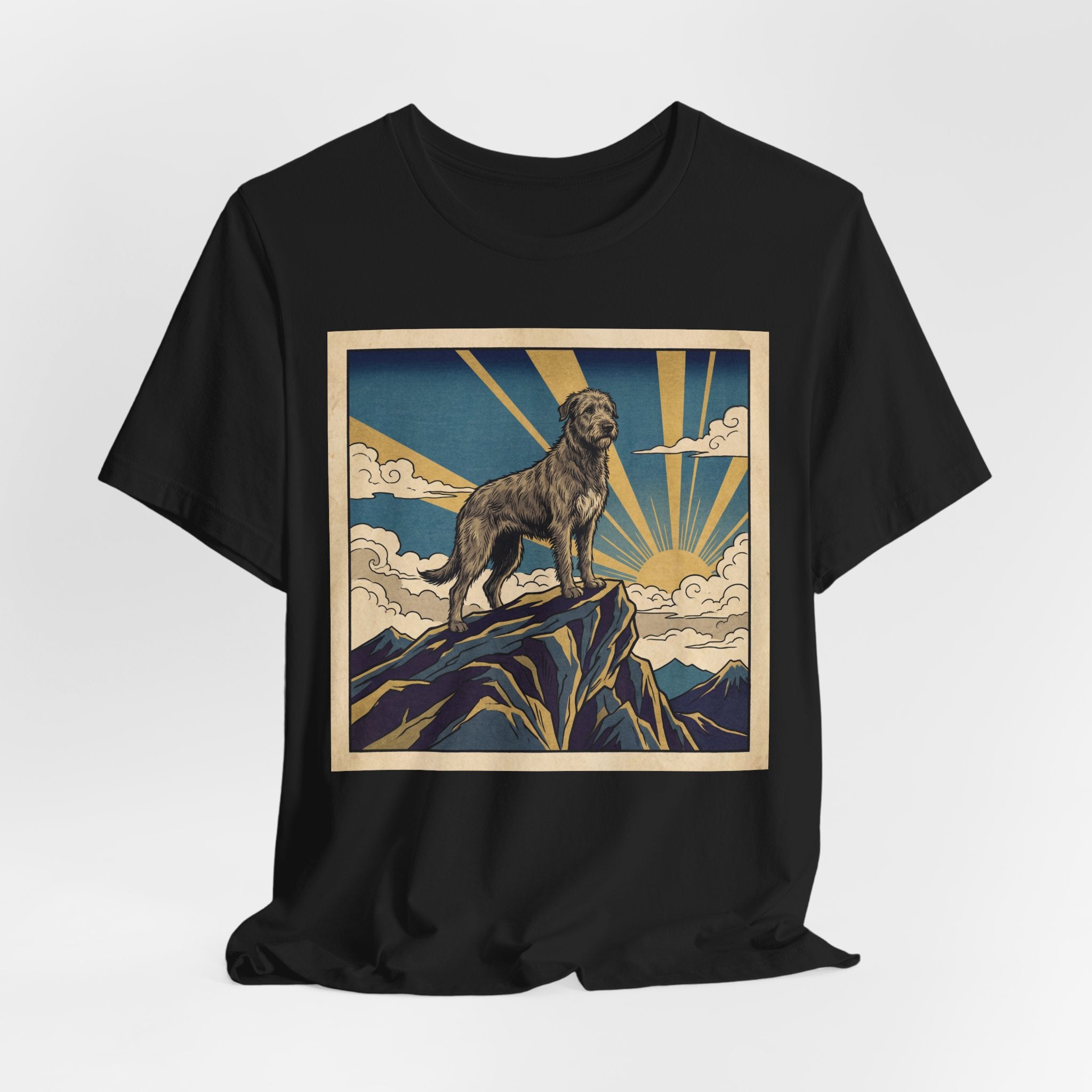 Woodblock Print Irish Wolfhound T-Shirt — Golden Sunburst Summit Art Print