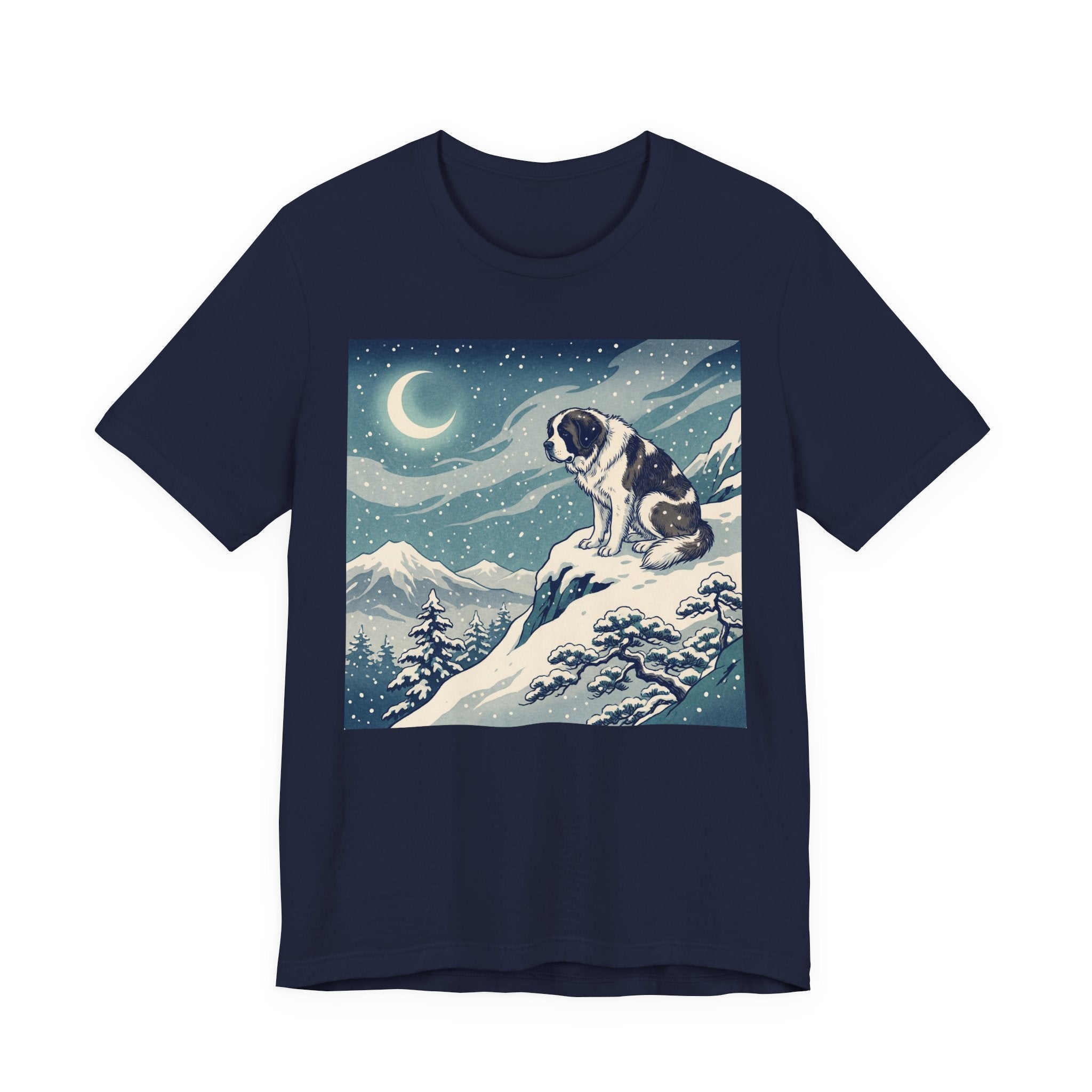 Hiroshige Style Saint Bernard T-Shirt — Snowy Moonlit Summit Art Print