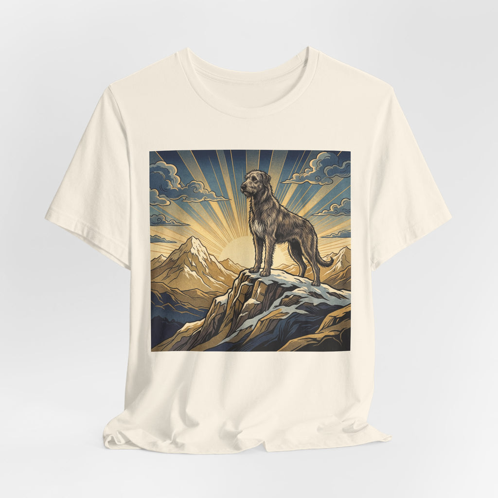 Woodcut Irish Wolfhound T-Shirt — Mountain Sunrise Rays Art Print