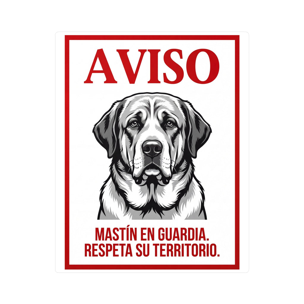 Beware of Spanish Mastiff Sign – Red Border Warning Outdoor Vinyl Decal – side view