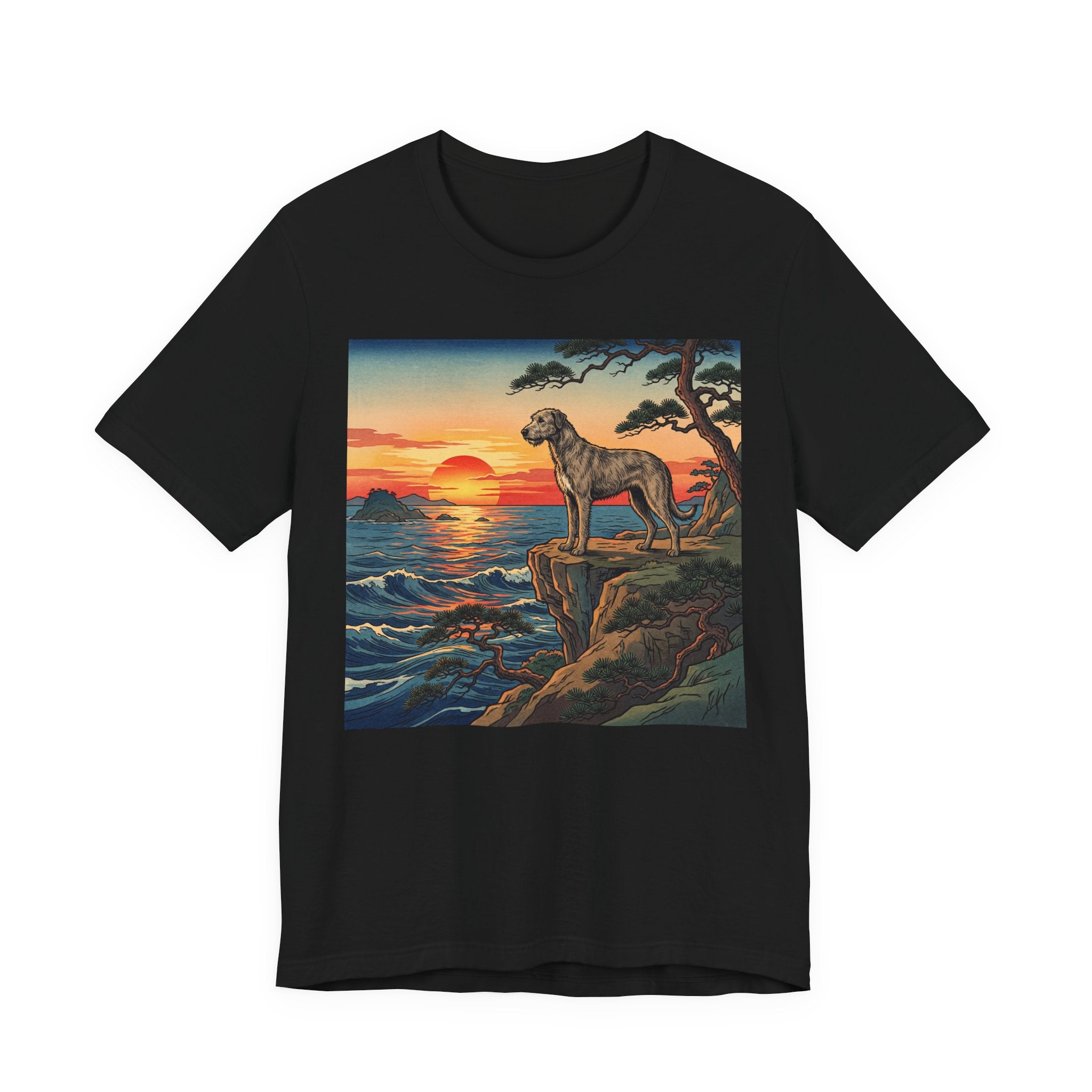 Hiroshige Style Irish Wolfhound T-Shirt — Coastal Cliff Sunset Art Print