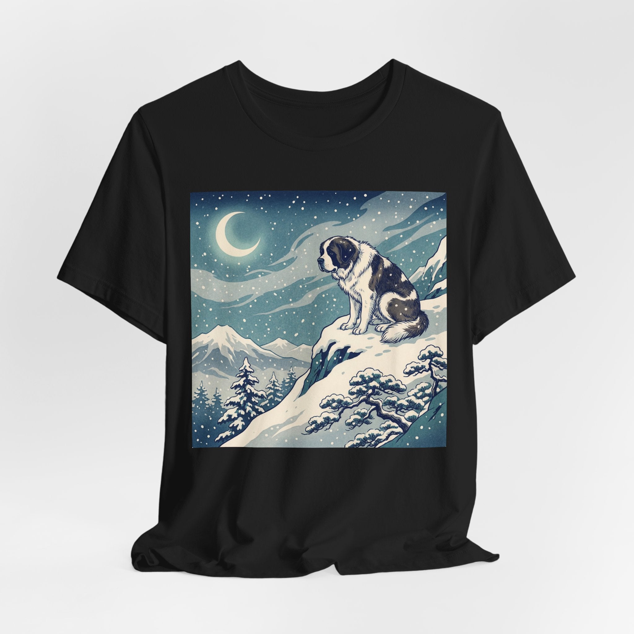 Hiroshige Style Saint Bernard T-Shirt — Snowy Moonlit Summit Art Print