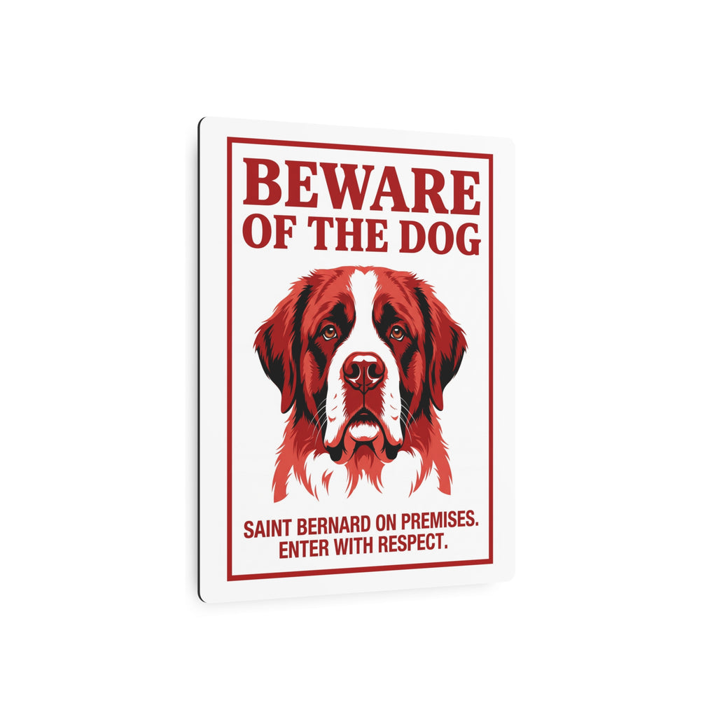 Beware of Saint Bernard Metal Sign – Red Portrait Aluminum Wall Sign – lifestyle view