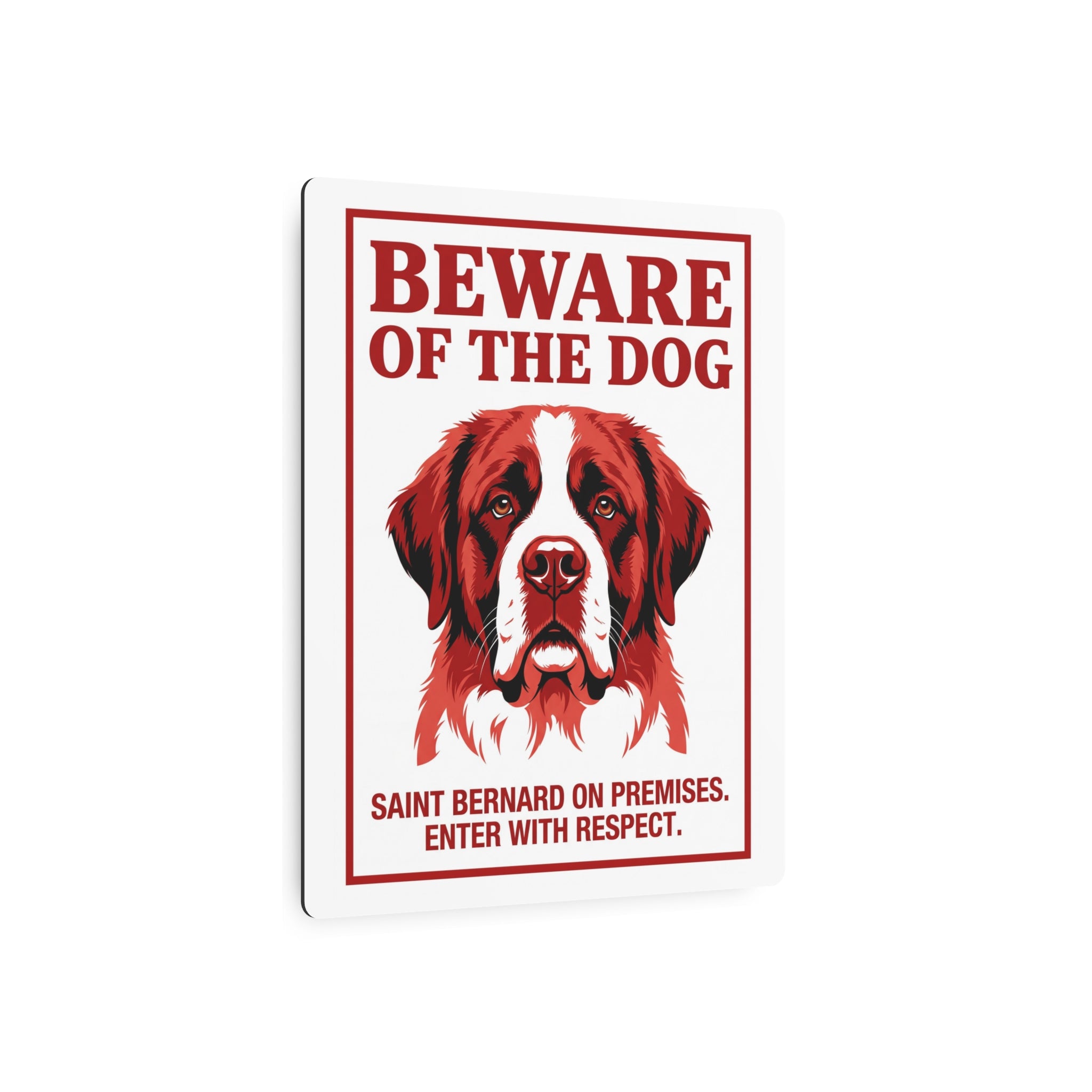 Beware of Saint Bernard Metal Sign – Red Portrait Aluminum Wall Sign – lifestyle view