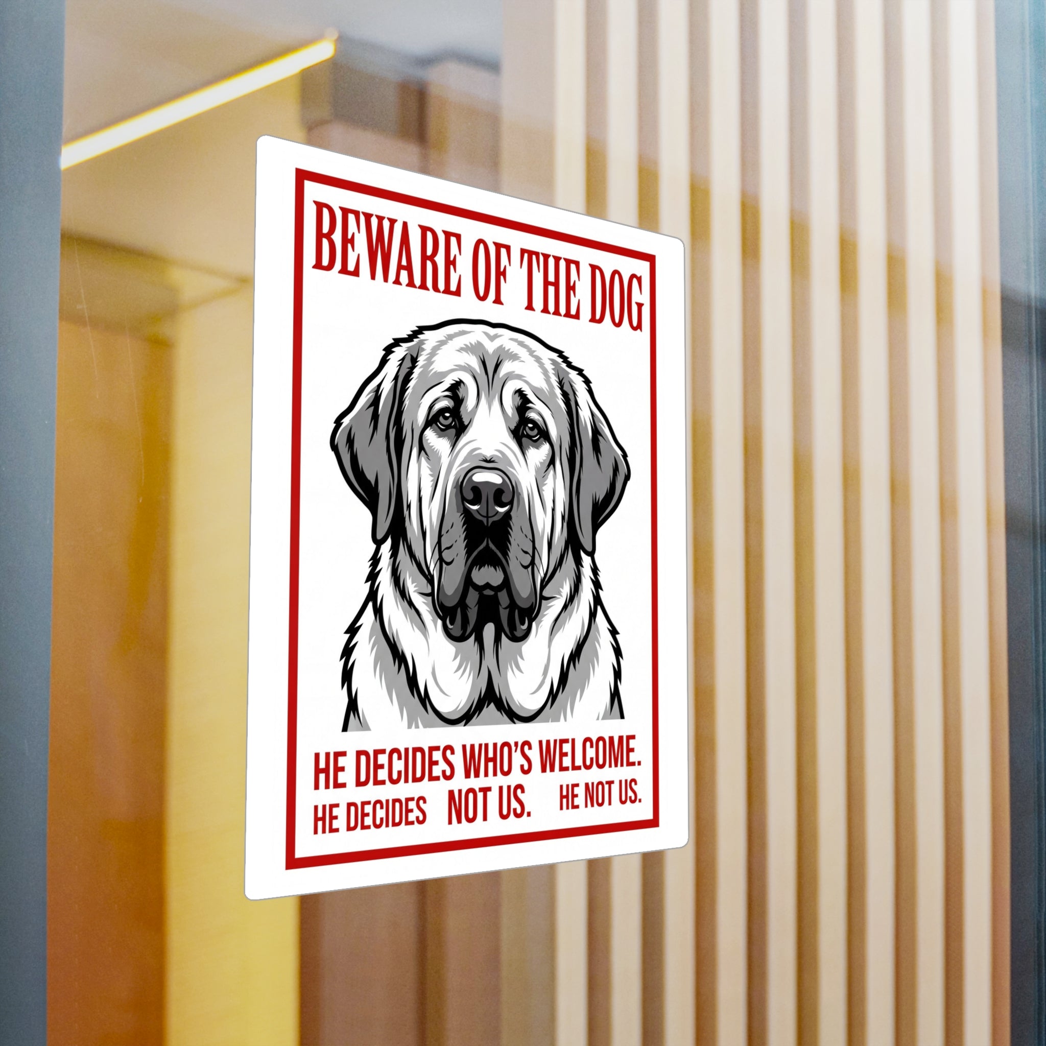 Beware of Spanish Mastiff Sign – Bold Red Warning Outdoor Vinyl Decal – detail view