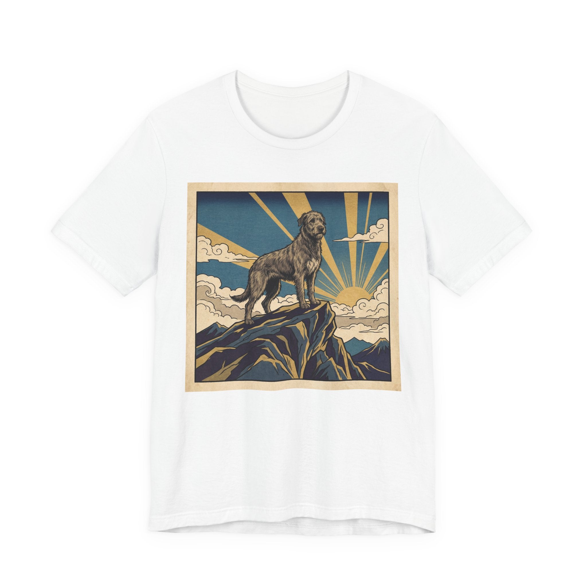 Woodblock Print Irish Wolfhound T-Shirt — Golden Sunburst Summit Art Print