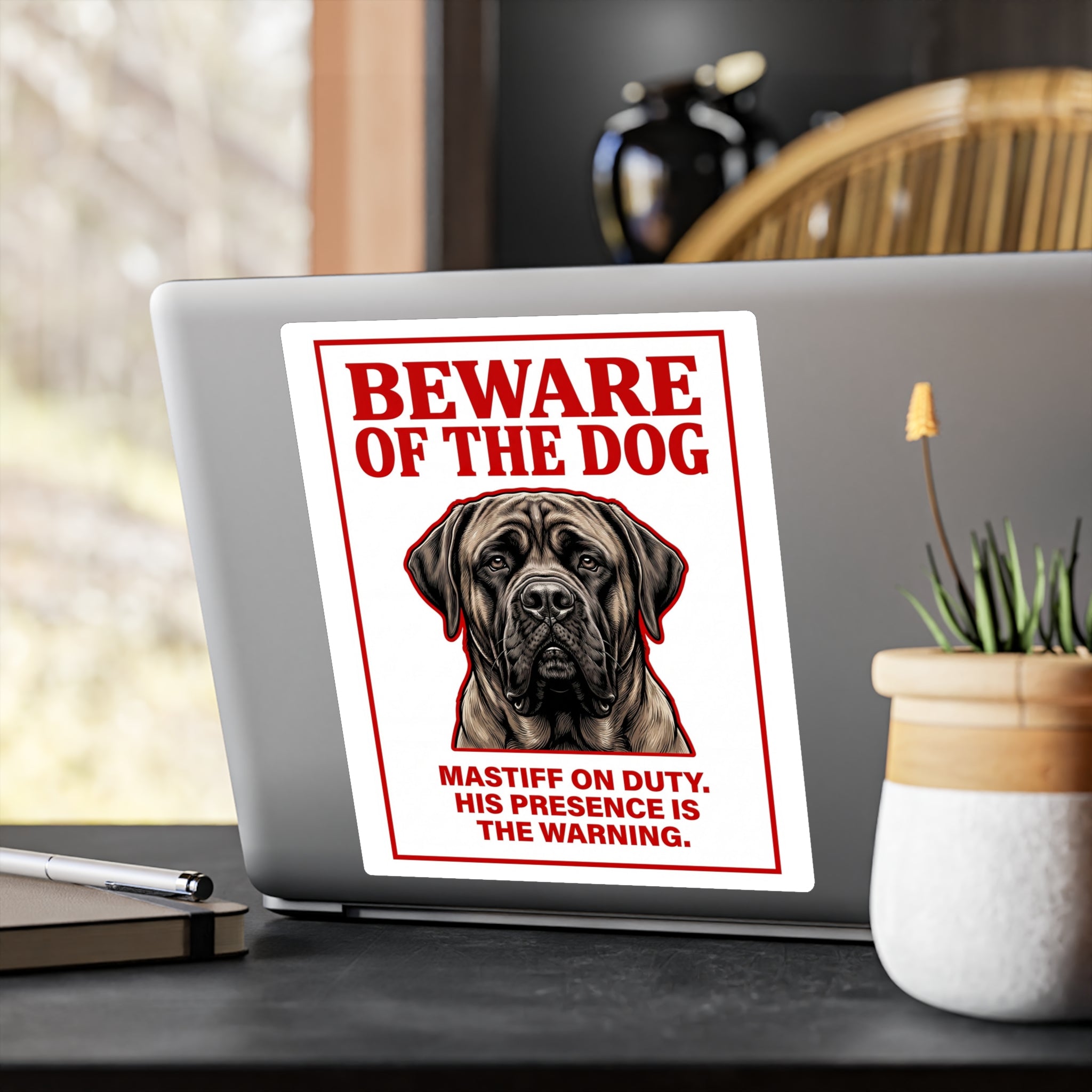 Beware of Mastiff Sign – Red Bold Warning Outdoor Vinyl Decal – alternate view