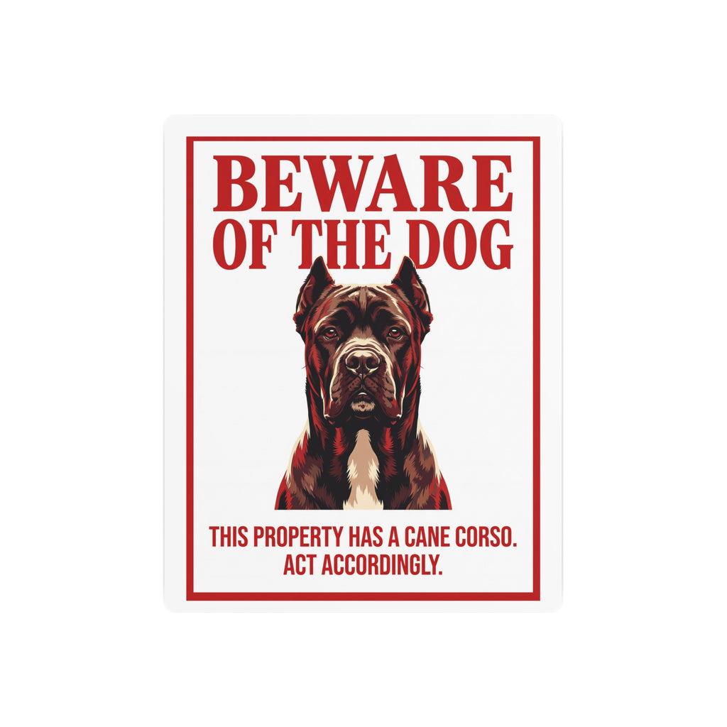 Beware of Cane Corso Metal Sign – Red Border Portrait Aluminum Wall Sign – side view