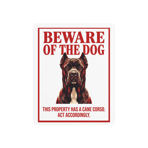 Beware of Cane Corso Metal Sign – Red Border Portrait Aluminum Wall Sign – side view
