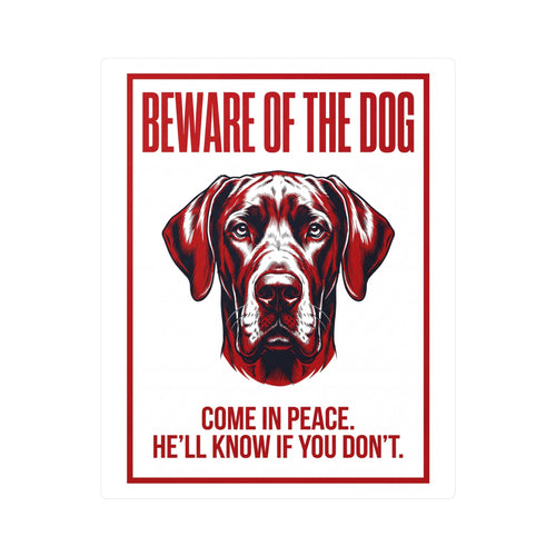 Beware of Great Dane Sign – Red & Black Portrait Outdoor Vinyl Decal – side view