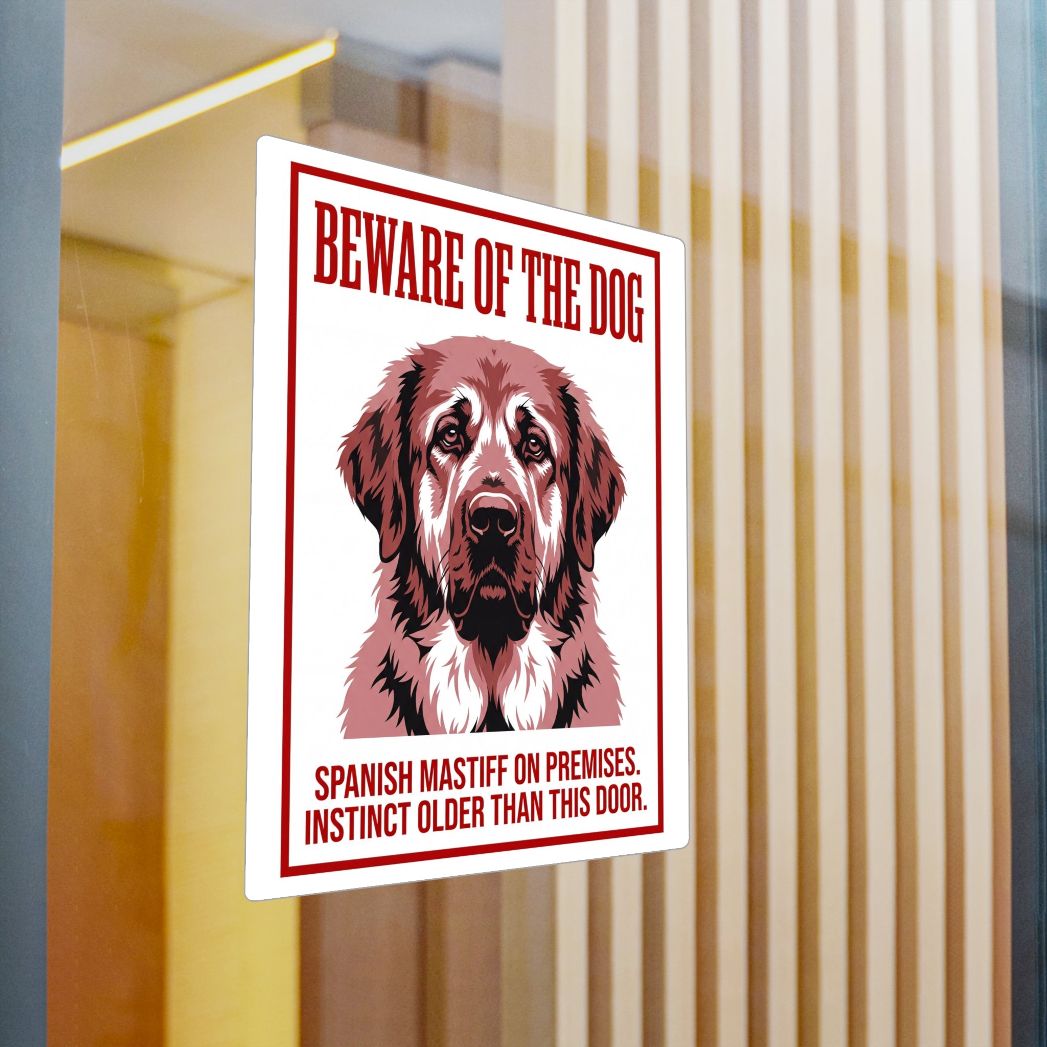 Beware of Spanish Mastiff Sign – Bold Red Portrait Outdoor Vinyl Decal – detail view