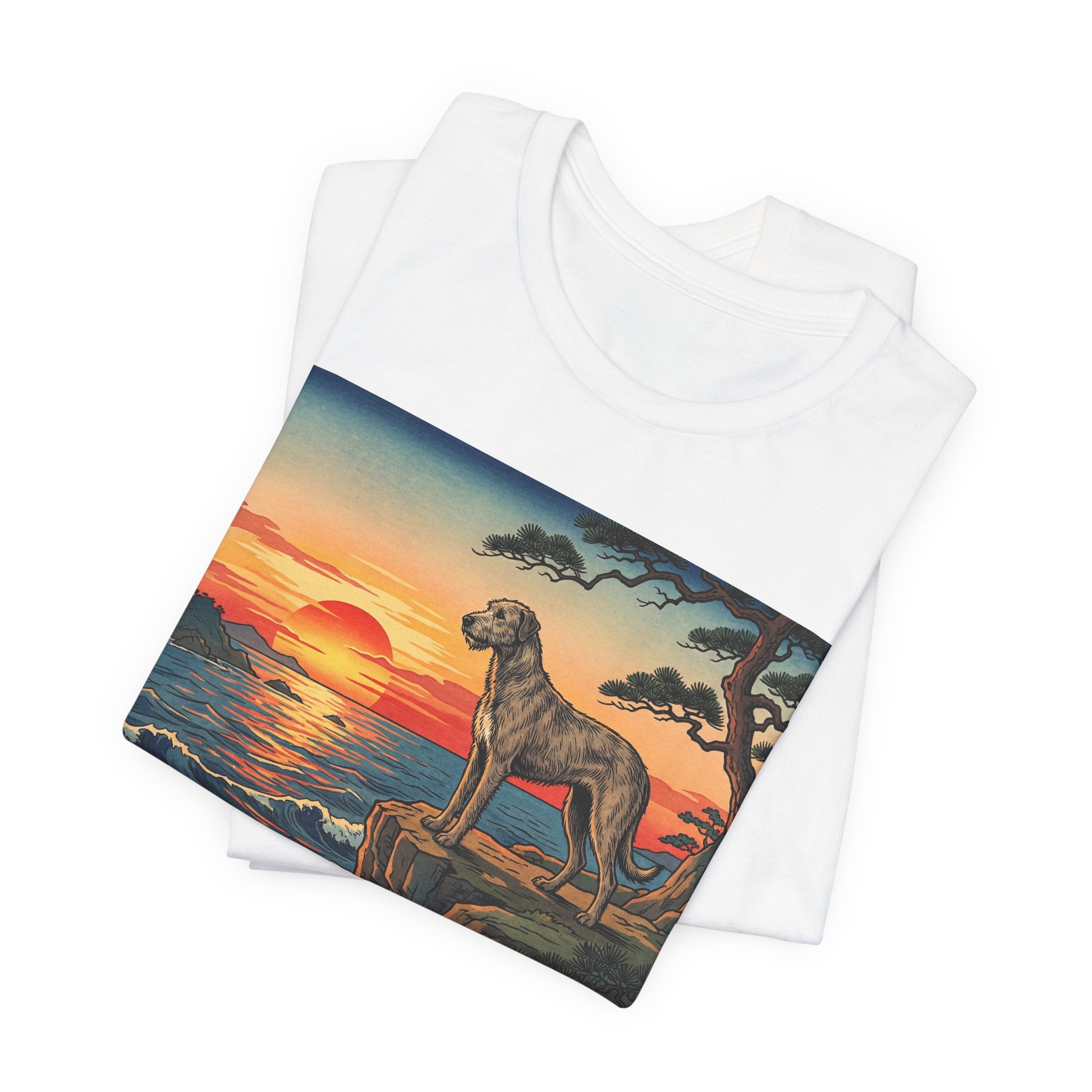 Hiroshige Style Irish Wolfhound T-Shirt — Coastal Cliff Sunset Art Print
