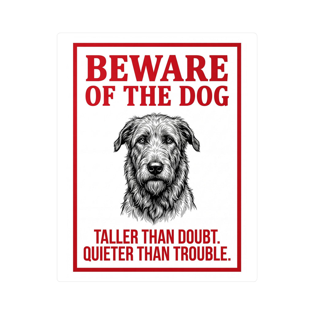 Beware of Irish Wolfhound Sign – Red Block Letter Outdoor Vinyl Decal – side view
