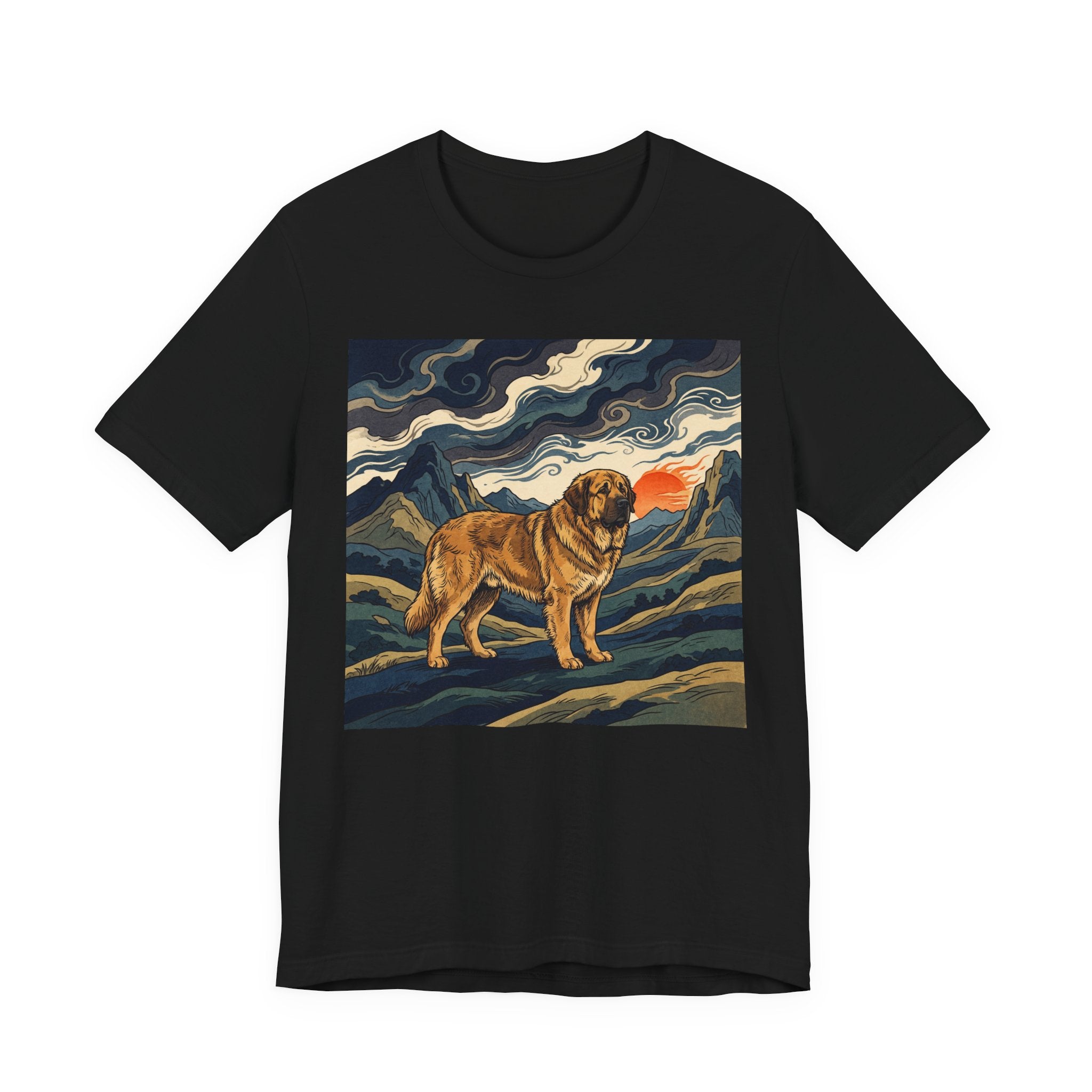 Woodblock Print Spanish Mastiff T-Shirt — Mountain Sunset Swirls Art Print