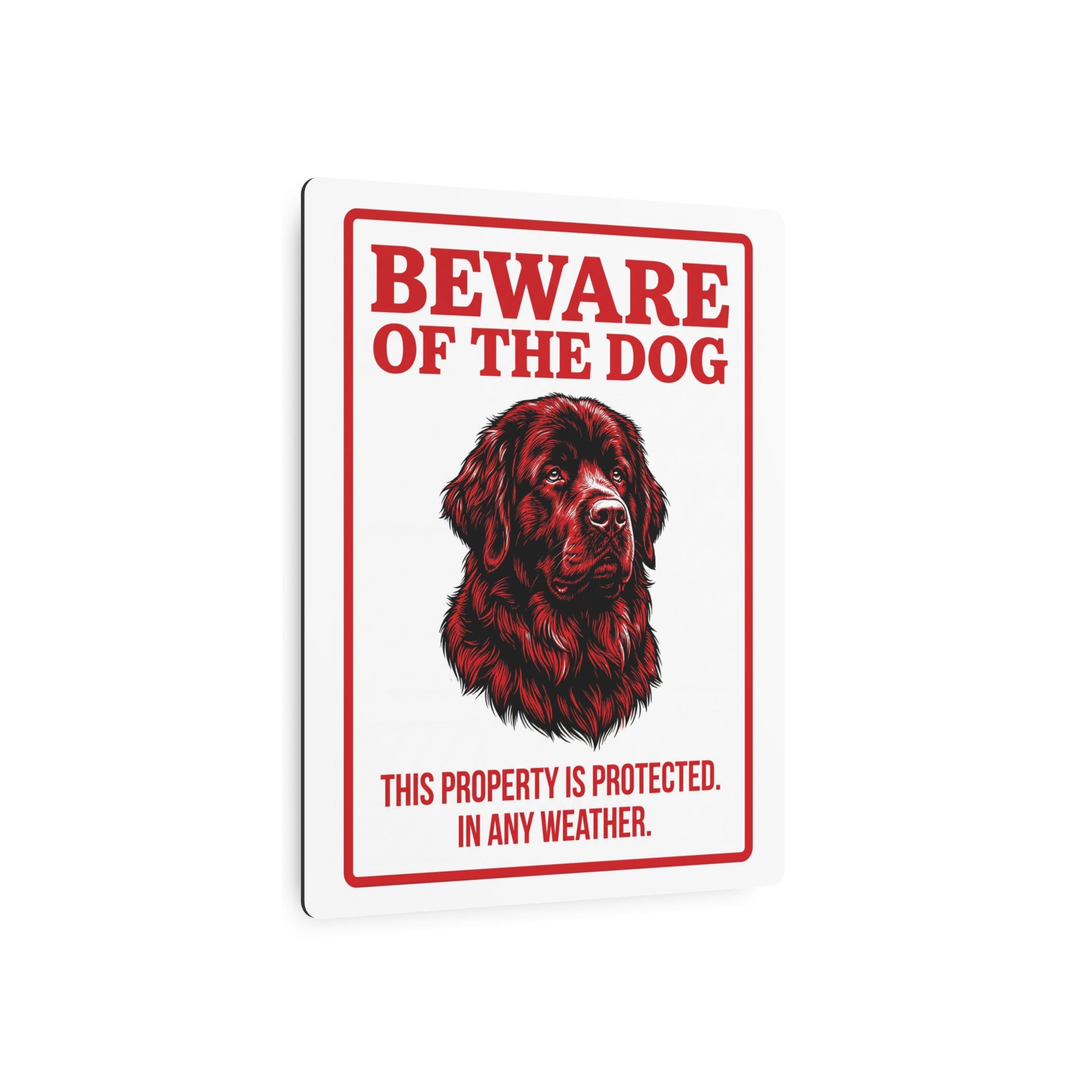 Beware of Newfoundland Metal Sign – Red Portrait Aluminum Wall Sign – lifestyle view